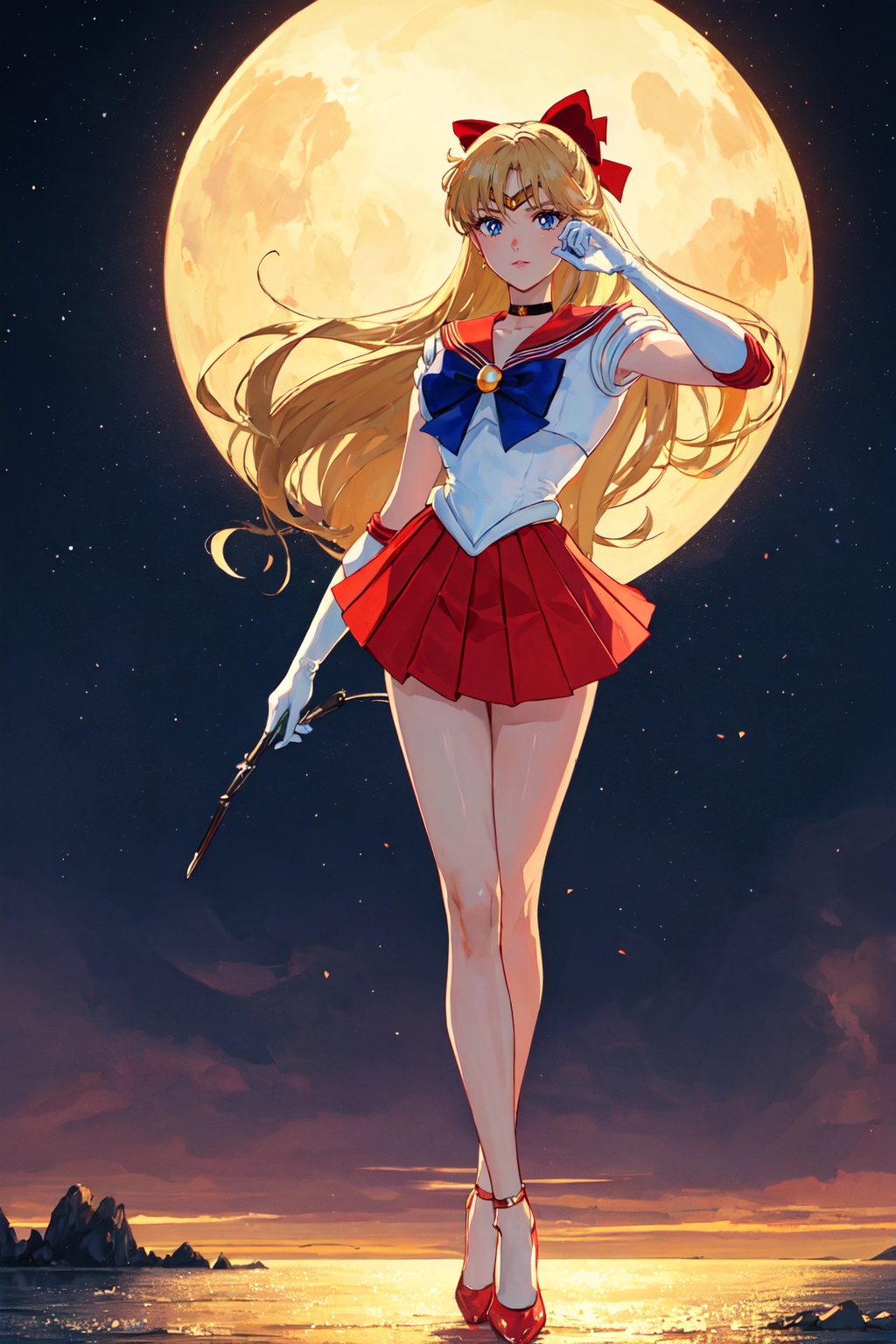 1girl,looking at viewer,solo,long hair,very long hair,blonde hair,blue eyes,choker,tiara,sailor collar,hair bow,bow,gloves,skirt,high heels,sailor senshi uniform,standing,<lora:Minako:0.8>,Minako_CYQL,bust,beautiful face,beautiful eyes,glossy skin,shiny skin,Greek coastline, Sunrise, Paintbrushes, Canvas, Inspiration,beautiful detailed sky,beautiful detailed glow,posing in front of a colorful and dynamic background,masterpiece,best quality,beautiful and aesthetic,contrapposto,female focus,wallpaper,fashion,