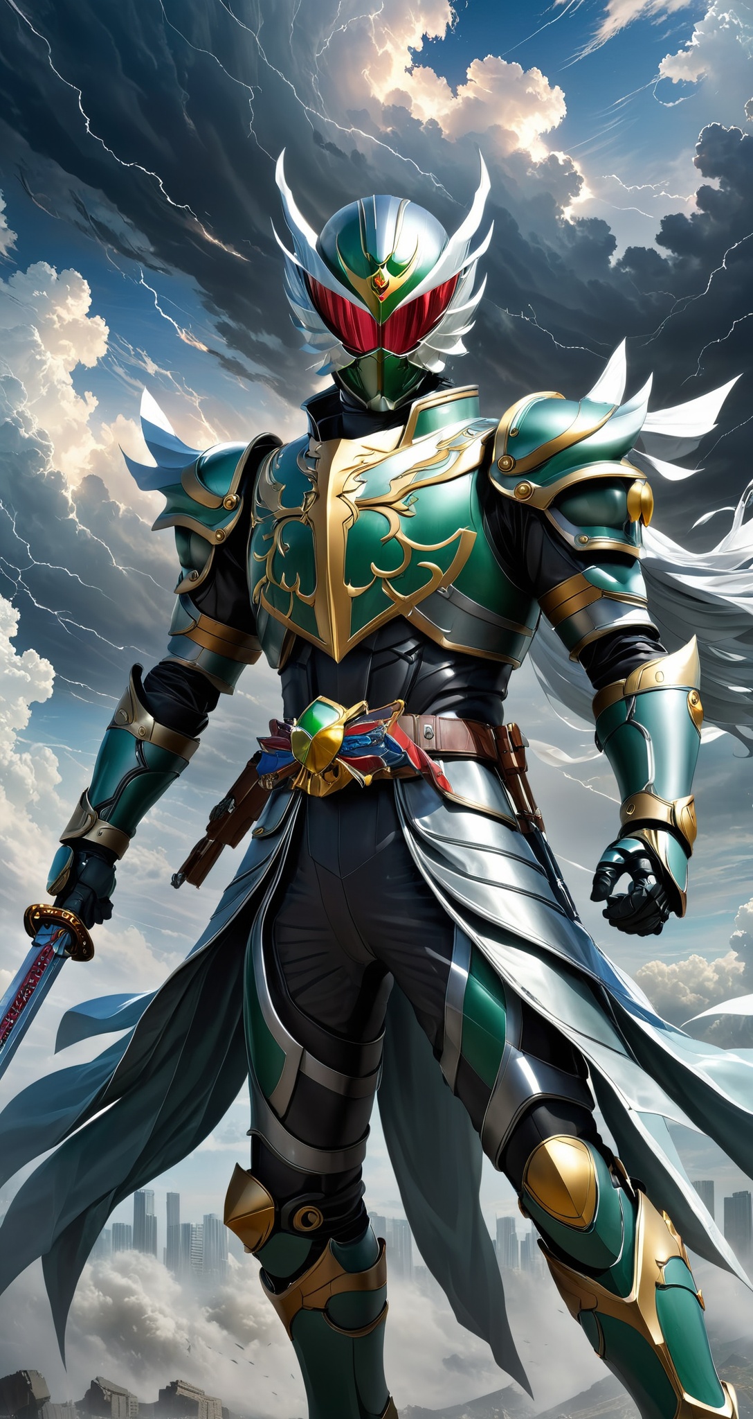 Kamen rider style,  Kamen Knight in the High Wind,  wearing high wind armor and holding the sword of the storm on Tensor.Art