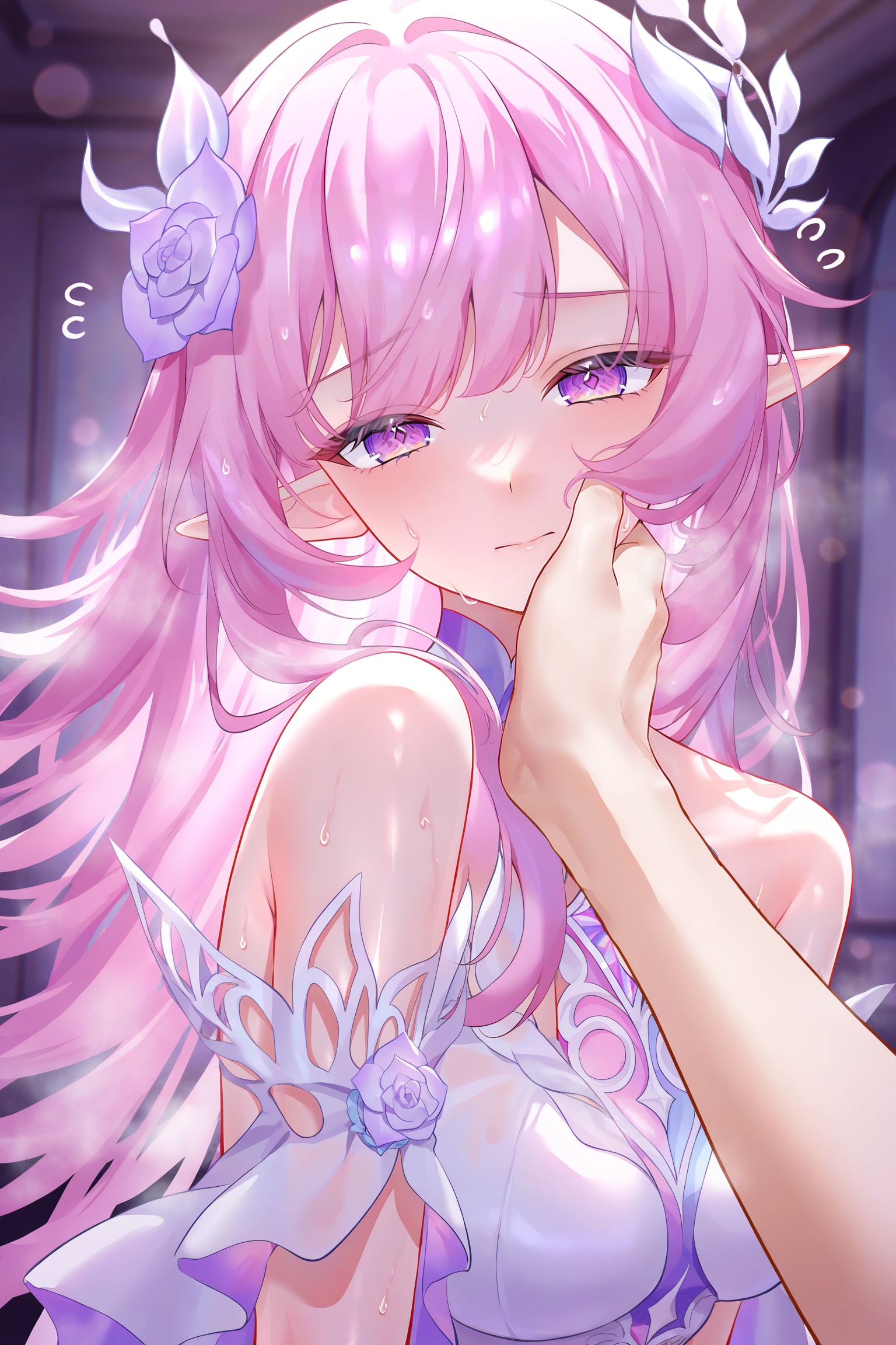 <lora:光辉V1昔涟角色V2:0.8>,xiliajn,1girl,solo,flower,long hair,pink hair,hair ornament,bare shoulders,pointy ears,dress,white dress,pink eyes,purple eyes,elf,hair flower,rose,jewelry,purple flower,white flower,diamond-shaped pupils,<lora:n11espJIMA中后期画风0.1版本XL:0.8>,iahhqxlhf,chiaroscuro,shiny skin,pov hand,hand on another's face,head tilt,from side,indoors,blurry,steaming body,wet body,wet hair,sweat,bokeh,motion line,sound effect,flying sweatdrops,