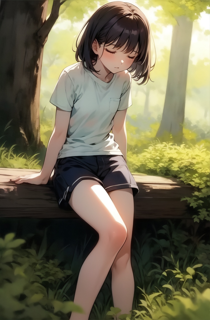 ultra highres,masterpiece,best quality,1girl,sitting,against tree,on grass,tree,leaf,solo focus,nature,t-shirt,shorts,sunlight,closed eyes,