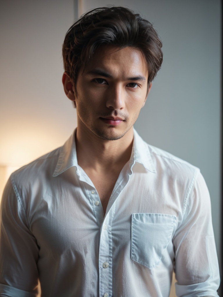 RAW photo,portrait of a beautiful man wearing a shirt (high detailed skin:1.2),8k uhd,dslr,soft lighting,high quality,film grain,Fujifilm XT3,