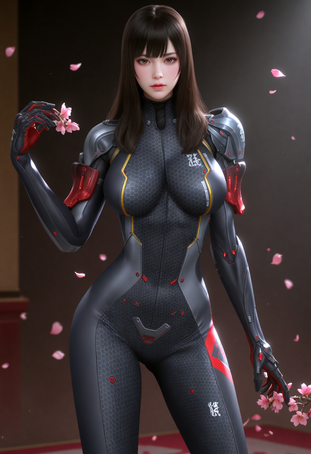 (cowboy shot:1.2),(gigantic breasts:0.6),(slender:1.3),(looking_at_viewer:1.1),(masterpiece:1.1),(best quality:1.2),(intricate details),dim lighting,(smog:1.3),(Dark room:1.3),(dim lighting:1.3),peach blossom,falling petals,<lora:YQ_Illustrious光辉v5_孙尚香_V1:0.8>,q1528437228,1girl,solo,bodysuit,long hair,black hair,high heels,brown hair,armor,black footwear,brown eyes,blunt bangs,shoulder armor,gloves,masterpiece,(best quality),(intricate details:0.9) BREAK masterpiece,(best quality),(intricate details:0.9),(realistic skin:1.2),
