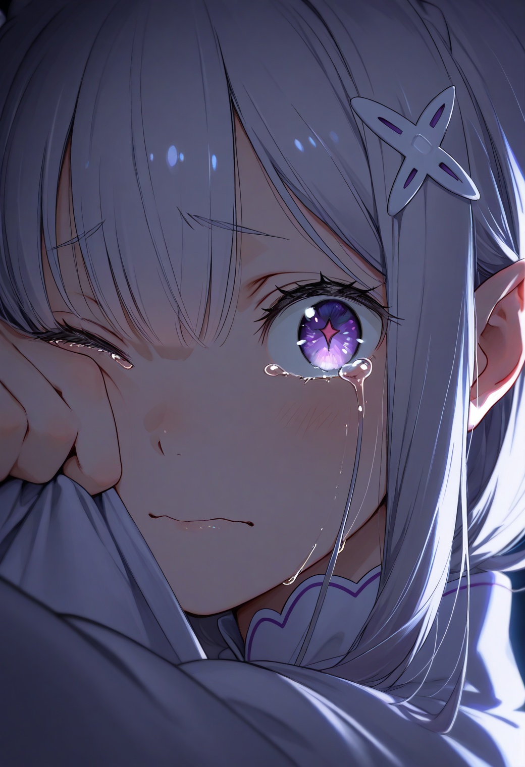 best_quality,masterpiece,newest,year 2024,year 2023,very aesthetic,absurdres,impactful picture,offcial art,movie perspective,(yoneyama mai:0.5),(WANKE:0.5),dark,emilia_(re:zero),re:zero_kara_hajimeru_isekai_seikatsu,1girl,purple_eyes,x_hair_ornament,face close-up,eye focus,looking_back,tears,wiping_tears,close one eye,