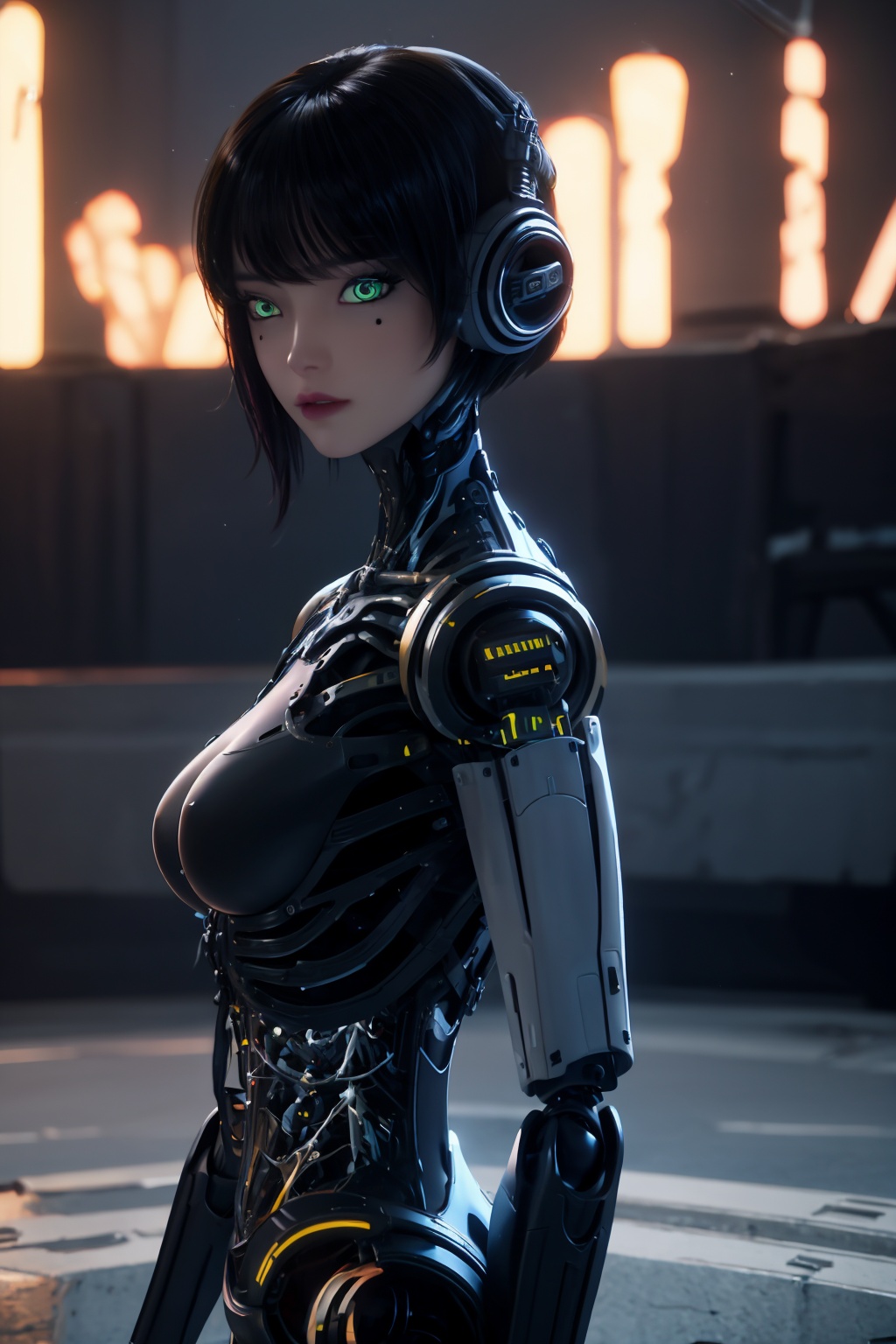 ash,1girl,green eyes,android,black hair,looking at viewer,robot joints,solo,breasts,mechanical parts,short hair,joints,cyborg,blurry background,lips,medium breasts,science fiction,cyberpunk,bangs,cable,depth of field,upper body,desolate,ruins,war,smoke,apocalypse