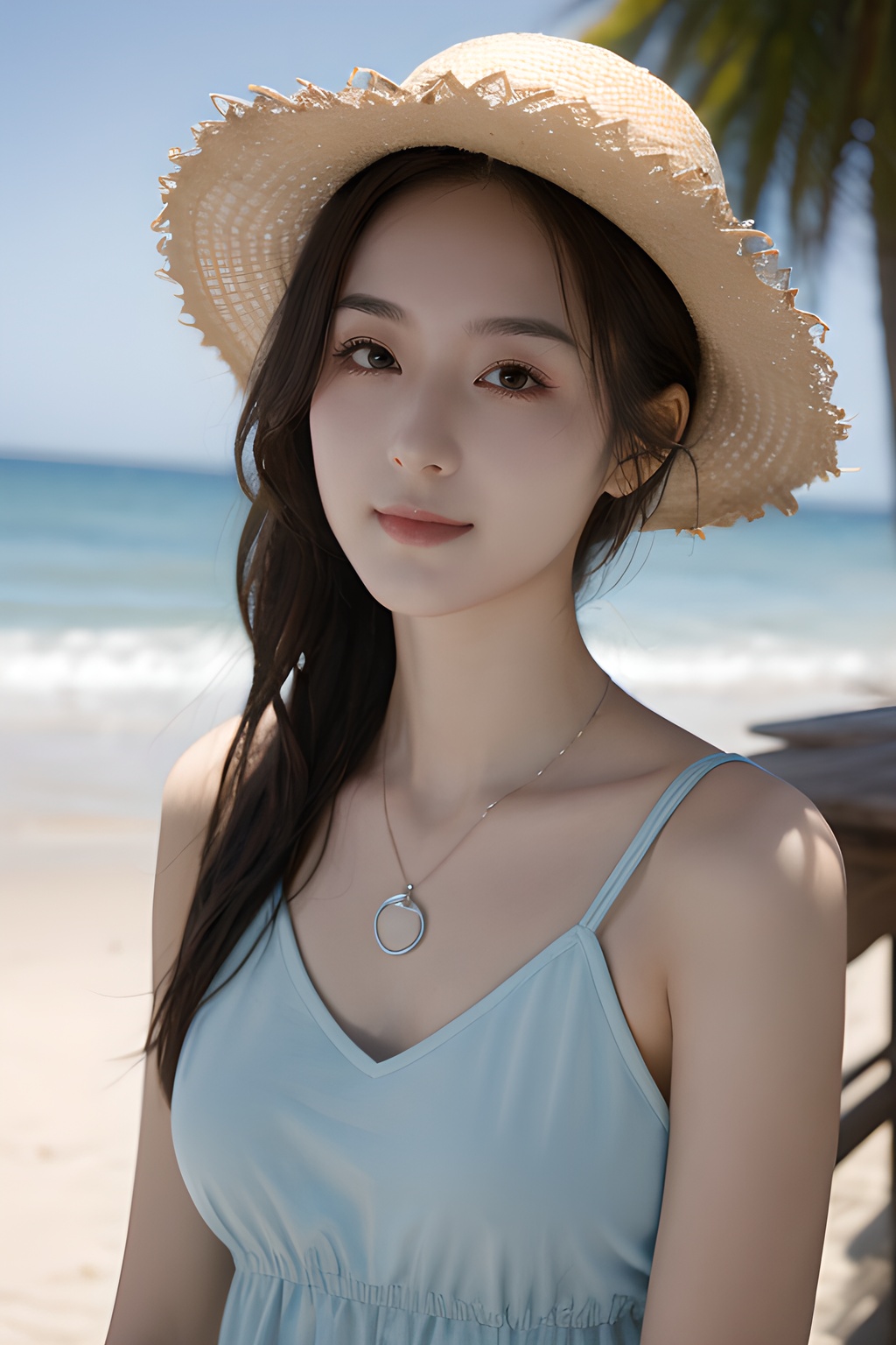 <lora:0814_03:0.7>,araffe girl with long hair wearing a straw hat and blue dress,1girl,solo,hat,straw hat,long hair,looking at viewer,necklace,jewelry,heart necklace,smile,heart,brown hair,bangs,day,beach,outdoors,upper body,black hair,sunlight,closed mouth,swimsuit,selfie,sky,ocean,, 1girl,realistic,masterpiece, best quality, photorealistic, HDR,detail