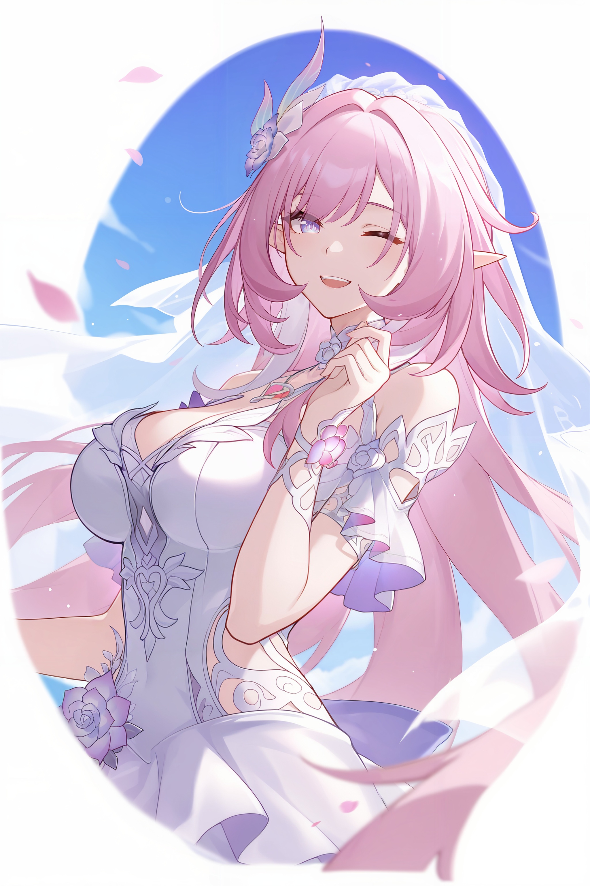 <lora:大昔涟:0.8>,xilian,1girl,long hair,pink hair,hair ornament,pointy ears,pink eyes,very long hair,elf,purple eyes,elysia \(honkai impact\),xilian,1girl,pink hair,solo,long hair,veil,breasts,smile,one eye closed,white dress,open mouth,dress,looking at viewer,petals,teeth,purple eyes,pointy ears,sky,blue sky,upper body,bridal veil,wedding dress,large breasts,pink eyes,depth of field,masterpiece,best quality,very aesthetic,alternate costume,alternate costume,2024,2023,perfect composition,ultra-detailed,extreme aesthetic,masterpiece,best quality,good quality,newest,year 2024,year 2023,very aesthetic,absurdres,looking_at_viewer,colorful,<lora:立绘构图ILL:0.3>,lihui,wind,pink wind,(dynamic_angle:1.1),(dutch angle:1.1),close-up,