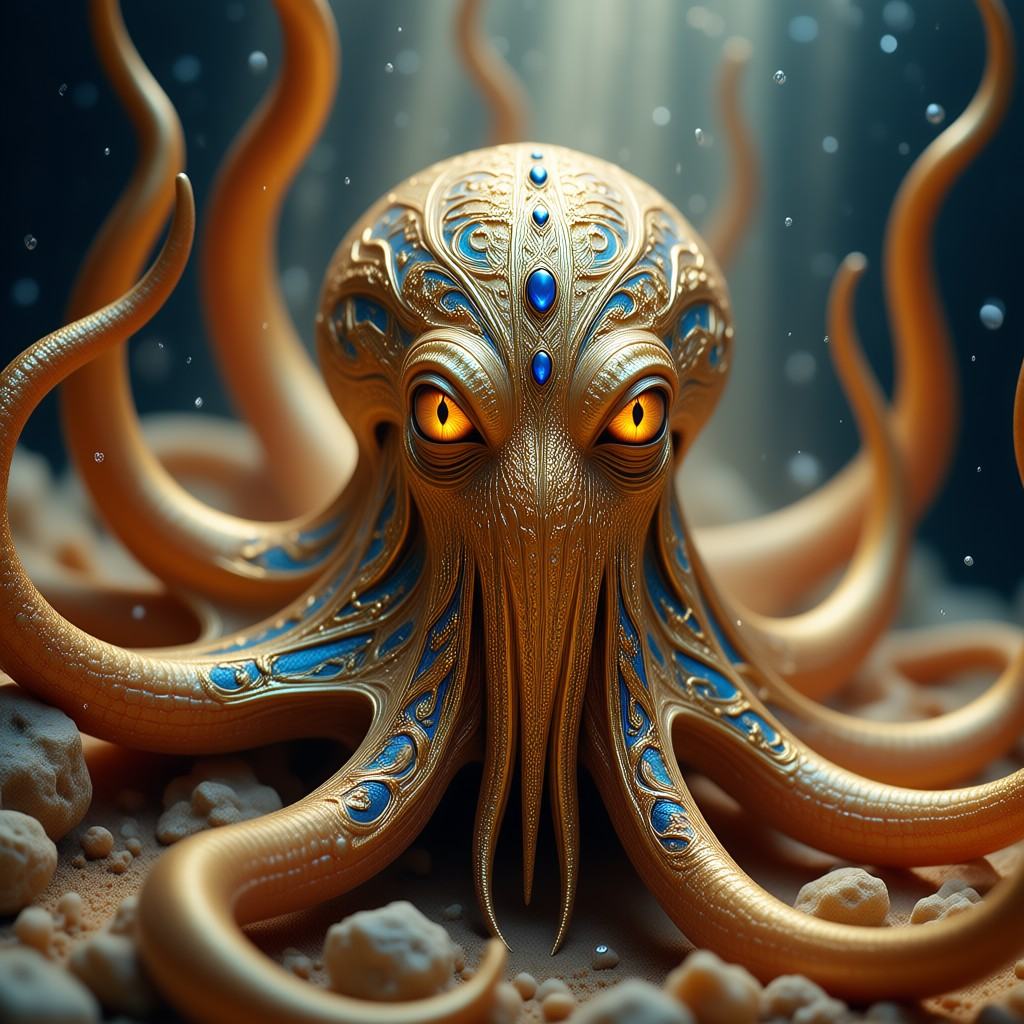 intricatedetails This is a highly detailed,  digital CGI artwork of a fantastical golden octopus with intricate,  ornate p...