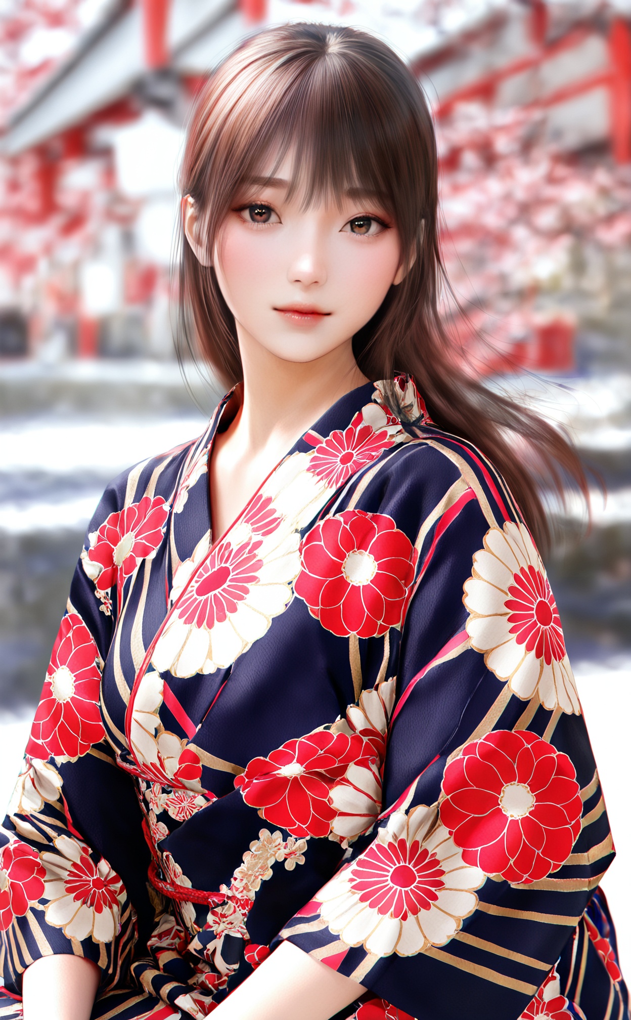 masterpiece,highres,newest,best quality,high quality,chromatic_aberration,//,3D,3d cg,1girl,japanese clothes,solo,kimono,brown hair,realistic,looking at viewer,floral print,lips,blurry,//,year_2023,year_2024,//,