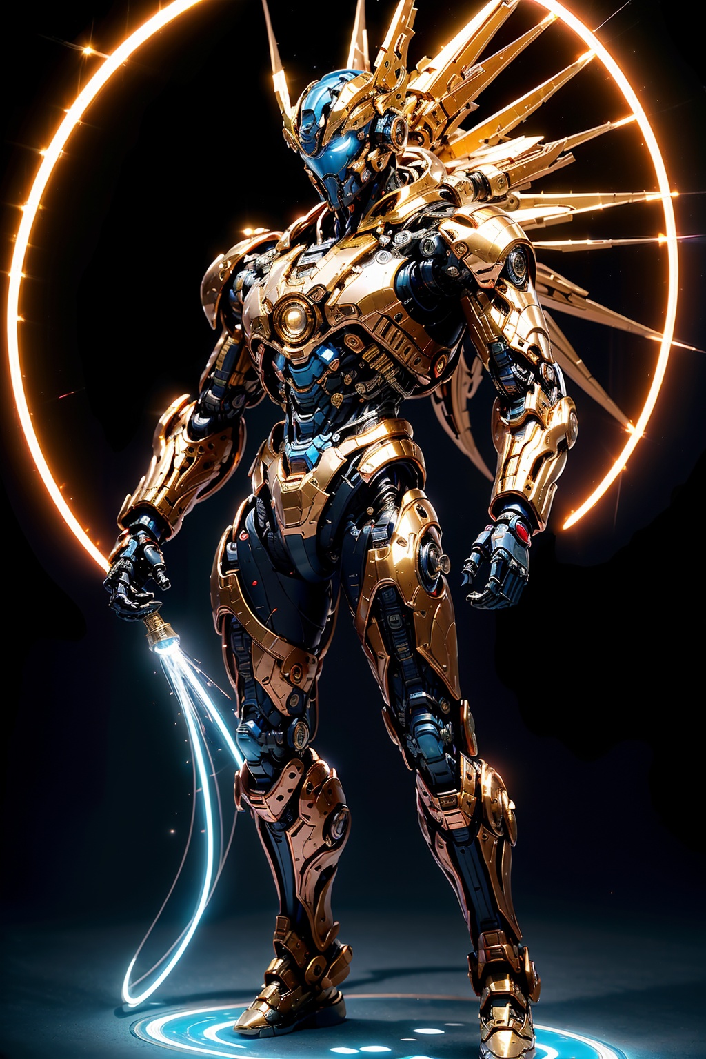 masterpiece,best quality,(highly detailed),male soldier,strong,cyborg,(full body:1.3),day light,bright light,wide angle,white background,<lora:hjyrobo5-000010:0.75>,complex body,shining sparks,(red and black),studio light,(stand on shining blue light circle Science Fiction Portal:1.2),huge  and complex gold machinery  time gate  behind,slivery,