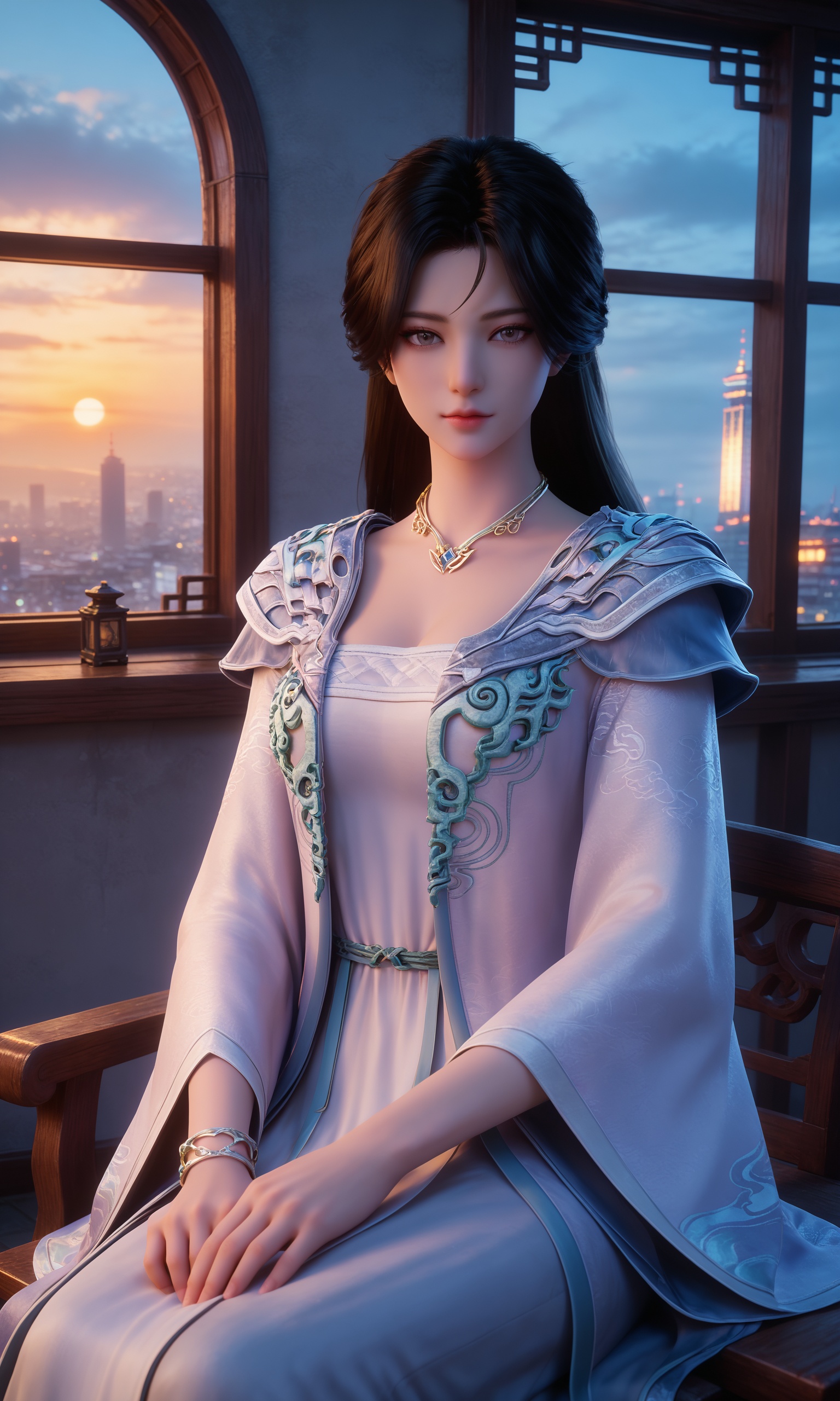 <lora:万初圣女-赵嫣然Pony:0.7>,1girl,long hair,black hair,chinese clothes,jewelry,necklace,long sleeves,wide sleeves,white dress,bracelet,, 1girl,solo,sitting,window,frills,sky,cloud,indoors,cityscape,closed_mouth,sun,looking at viewer,