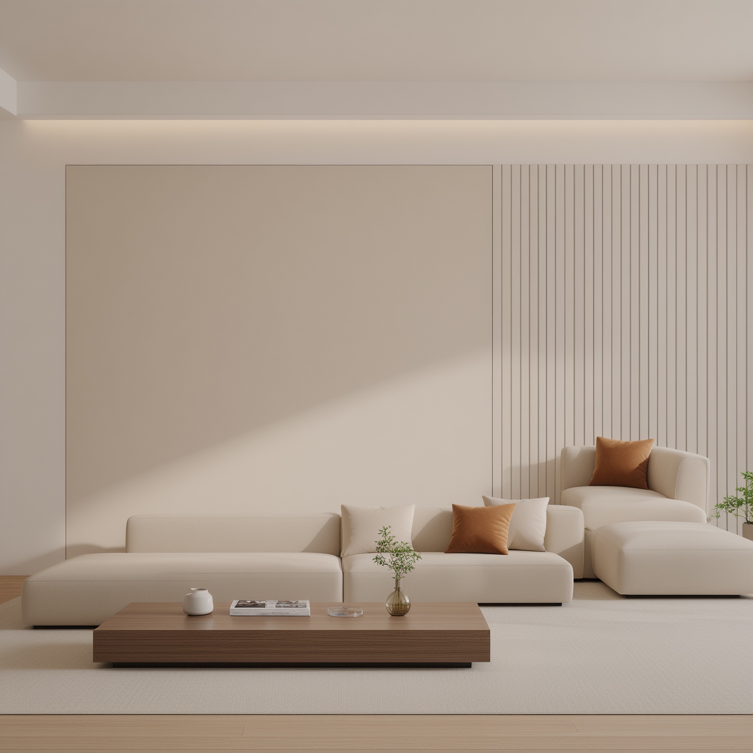 (masterpiece:1.2),best quality,highres,extremely detailed CG,perfect lighting,8k wallpaper,photograph,photorealistic,modern living room,minimalist design,neutral color palette,beige sectional sofa,decorative cushions,textured rug,coffee tables,ambient lighting,floor lamp,indoor plants,clear glass vase,magazines,wooden flooring,contemporary style,wall art space,natural light,large window,monochromatic,clean lines,spacious,stylish interior,
