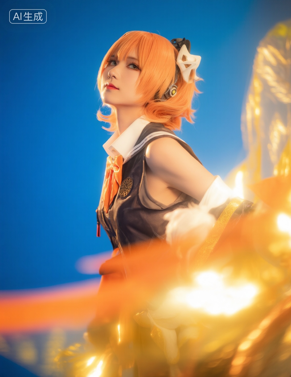 cosplay,zh,jp,sy,这幅图像中,一个人穿着具有动漫风格的服装,在鲜艳的蓝色背景前摆姿势,整体造型融合了女学生时尚与赛博朋克或卡哇伊美学,可能是受到动漫角色,虚拟YouTuber(VTuber)或Cosplay文化的启发,配饰和造型的结合赋予了它独特的活力和前卫感,, 专业摄影,光影,高端富士中画幅微单的成片质感和滤镜,极其精细的细节,呈现了细腻的肌肤纹理和自然的光泽,中近景,侧面仰视,在人物周围形成了耀眼的金色和橙色光晕和高光,营造出一种极其梦幻,神秘且神圣的氛围,整体色调以温暖的金色和橙色为主,对比度强烈,, Negative prompt: ng_deepnegative_v1_75t,(badhandv4:1.2),EasyNegative,(worst quality:2),,nsfw, Steps: 40, Sampler: Euler, CFG scale: 4.0, Seed: 3685864695, Size: 1140x1472, Model hash: 98763a1277, Model: Qwen-Image_1.0.safetensors, Denoising strength: 0, RNG: CPU, Lora 1: 20251122-1763794867058-0001, Lora Hash 1: 0566c82ecb, Lora Weight 1: 0.6, Lora 2: 星美通义千问_亚洲人像摄影, Lora Hash 2: 62d8c8ddd6, Lora Weight 2: 0.1, Lora 3: Qwen_昭和美人复古摄影, Lora Hash 3: 7252b4b796, Lora Weight 3: 0.1, Lora 4: 星美Qwen_超现实氛围感人像摄影, Lora Hash 4: 94cce42ff9, Lora Weight 4: 0.1, vae_name: automatic