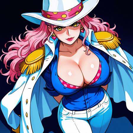 best quality, amazing quality, absurdres BREAK  <lora:One_Piece_Charlotte_Linlin_IL:1>Charlotte_Linlin, 1girl, solo, pink hair, long hair, heart earrings, lipstick, large breasts, orange eyes, white hat, blue shirt (closed), polka dot bikini top, cleavage window, epaulettes, coat, coat on shoulders, pants, cowboy shot, from above, looking at viewer, hands behind back