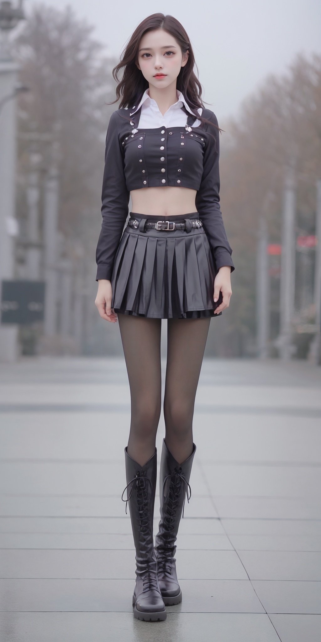 <lora:HS_20240207230901-000005:0.75>,<lora:HDR:0.5>,HS,1girl,solo,skirt,pantyhose,boots,long hair,black hair,black footwear,realistic,midriff,shirt,white shirt,looking at viewer,long sleeves,knee boots,blurry,brown eyes,black pantyhose,pleated skirt,outdoors,belt,crop top,brown hair,vest,miniskirt,black skirt,black shirt,belt boots,<lora:MHB:0.2>,, (raw photo:1.2),((photorealistic:1.4))best quality,masterpiece,illustration,an extremely delicate and beautiful,extremely detailed,CG,unity,8k wallpaper,Amazing,finely detail,masterpiece,best quality,official art,extremely detailed CG unity 8k wallpaper,absurdres,incredibly absurdres,huge filesize,ultra-detailed,highres,extremely detailed,beautiful detailed girl,cinematic lighting,1girl,pale skin,tall female,(perfect body shape),skinny body,Slender legs,, pale skin,tall man,long legs,thin leg,