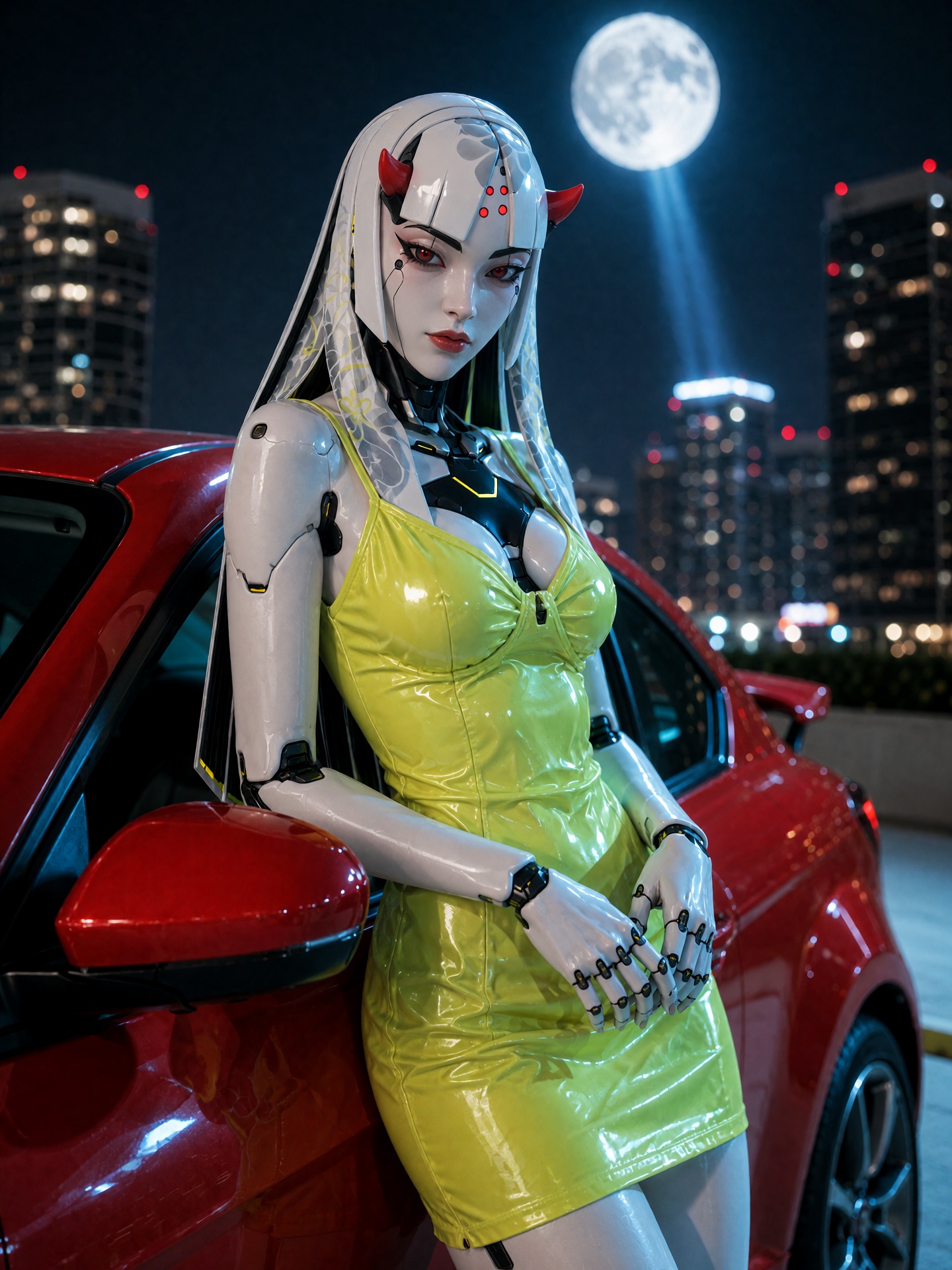 02. A moody cinematic night portrait of Shion leaning against the side of a bright red compact sports car parked in a city...