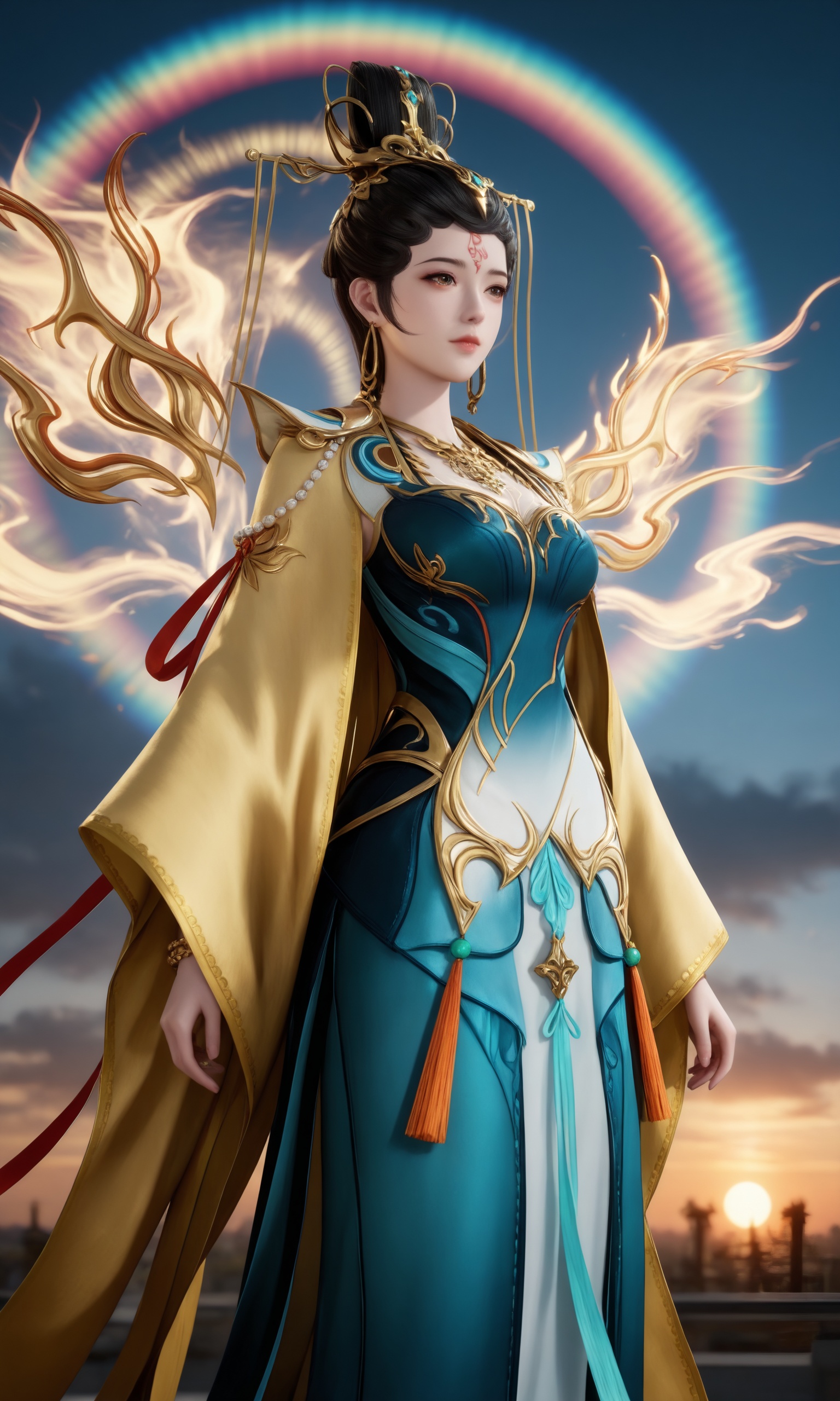 <lora:师兄-女娲IL买断:0.8>,1girl,long,black hair,updo,golden headdress,teal-colored dress,plunging neckline and gold embellishments,yellow,golden,cape-like garment,flowing skirt,wing-like accessories,gold jewelry,necklace,bracelets,orange tassels,wings,, score_9,score_8_up,score_7_up,source_anime,night,dark environment,Blend swirling,whirlpool-like patterns of intense and contrasting colors,with spiraling motions and chaotic color interactions,highly detailed,ultra-high resolution,32K UHD,sharp focus,best-quality,masterpiece,Emotionalization,golden hour,unconventional supreme masterpiece,masterful details,temperate atmosphere,with a high-end texture,in the style of fashion photography,Dynamic Angle,Dynamic posture,