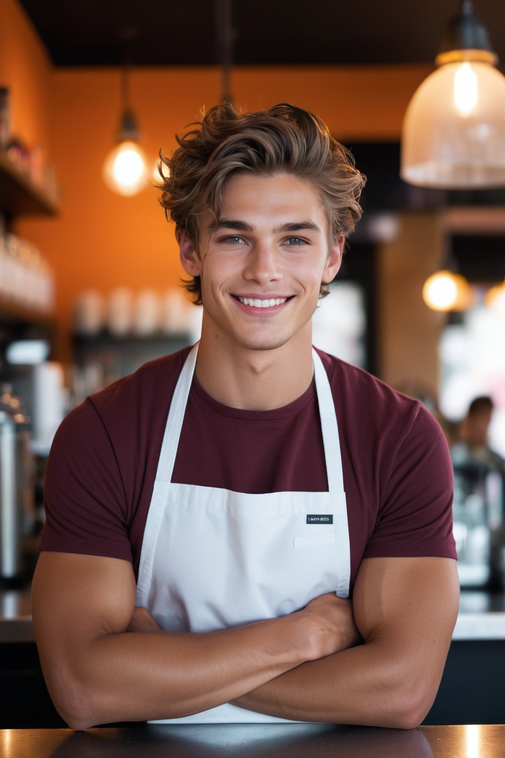 a 21-year-old heartthrob young man with a strong jawline and tousled hair,  wearing a crisp white apron over his clothing...