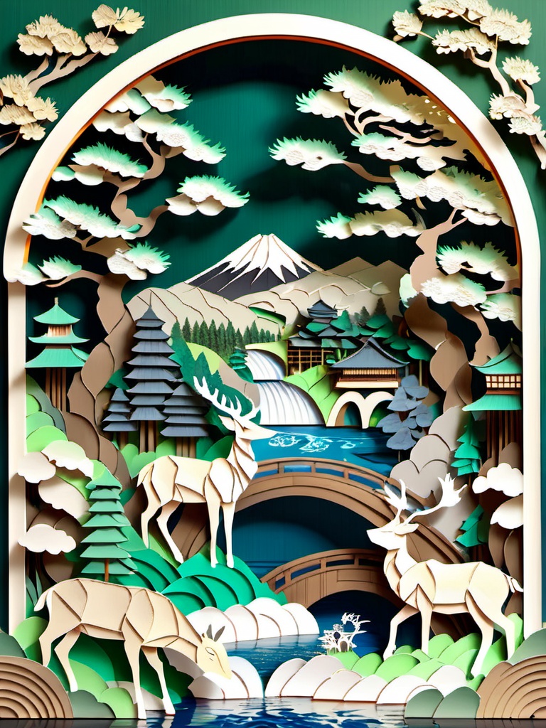 Origami art, round picture frame, there is a high mountain and flowing water, waterfall and stream, white deer, pine trees, pavilions, excellent works, master works, the highest quality.