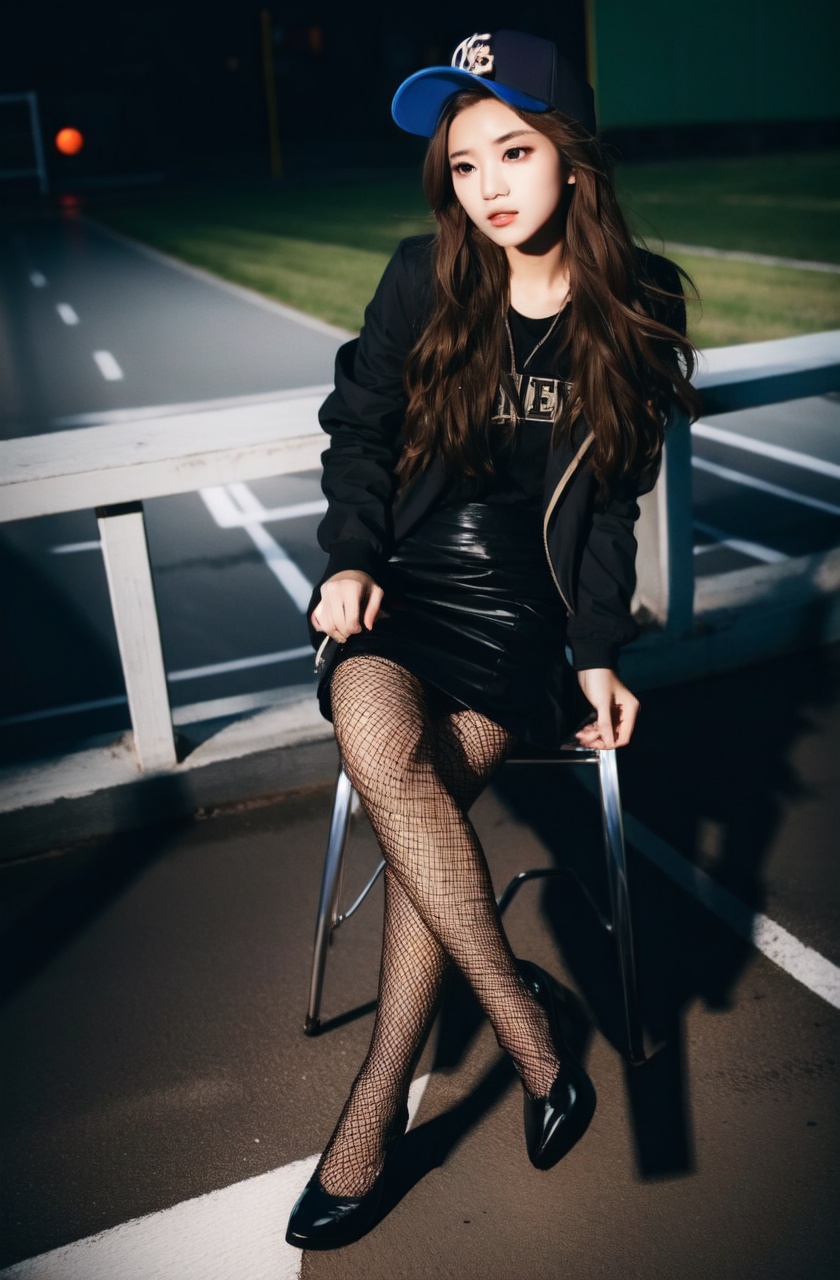 masterpiece,best quality,absurdres,1girl,solo,brown hair,realistic,long hair,Silver skirt,baseball cap,night,jacket,fishnet pantyhose,railing,dark,upper body,arm support,sitting,chair,crossed legs,