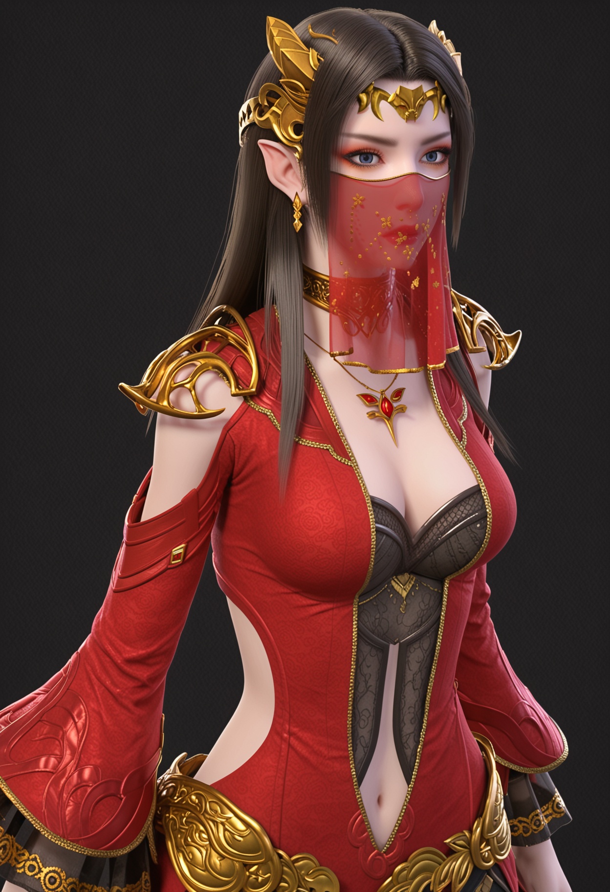 (looking_at_viewer:1.2),(upper_body:1.2),<lora:YQ_pony_meidusha_V7:0.8>,solo,1girl,q1528437228,long hair,black hair,jewelry,hair ornament,earrings,dress,red dress,necklace,blue eyes,collar,metal collar,brown hair,high heels,red footwear,circlet,armor,red jacket,cleavage,veil,mouth veil,(simple background,pure black background,black background:1.1),perfect_anatomy,