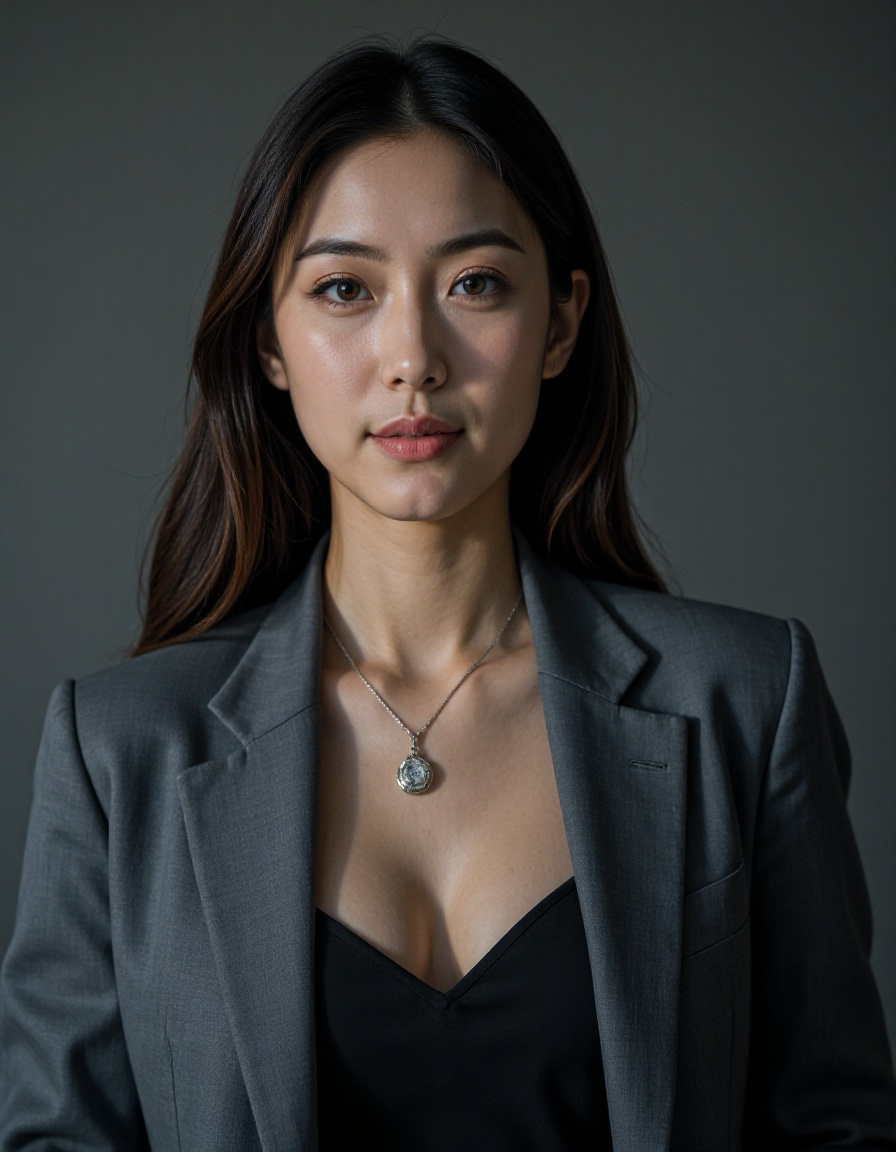 cinematic film still cinematic, 1girl, solo, jewelry, breasts, realistic, cleavage, necklace, long hair, brown hair, brown eyes, looking at viewer, lips, jacket, formal, suit, upper body, medium breasts, grey background, simple background, grey jacket, shirt, black shirt, smile, closed mouth, nose . shallow depth of field, vignette, highly detailed, high budget, bokeh, cinemascope, moody, epic, gorgeous, film grain, grainy