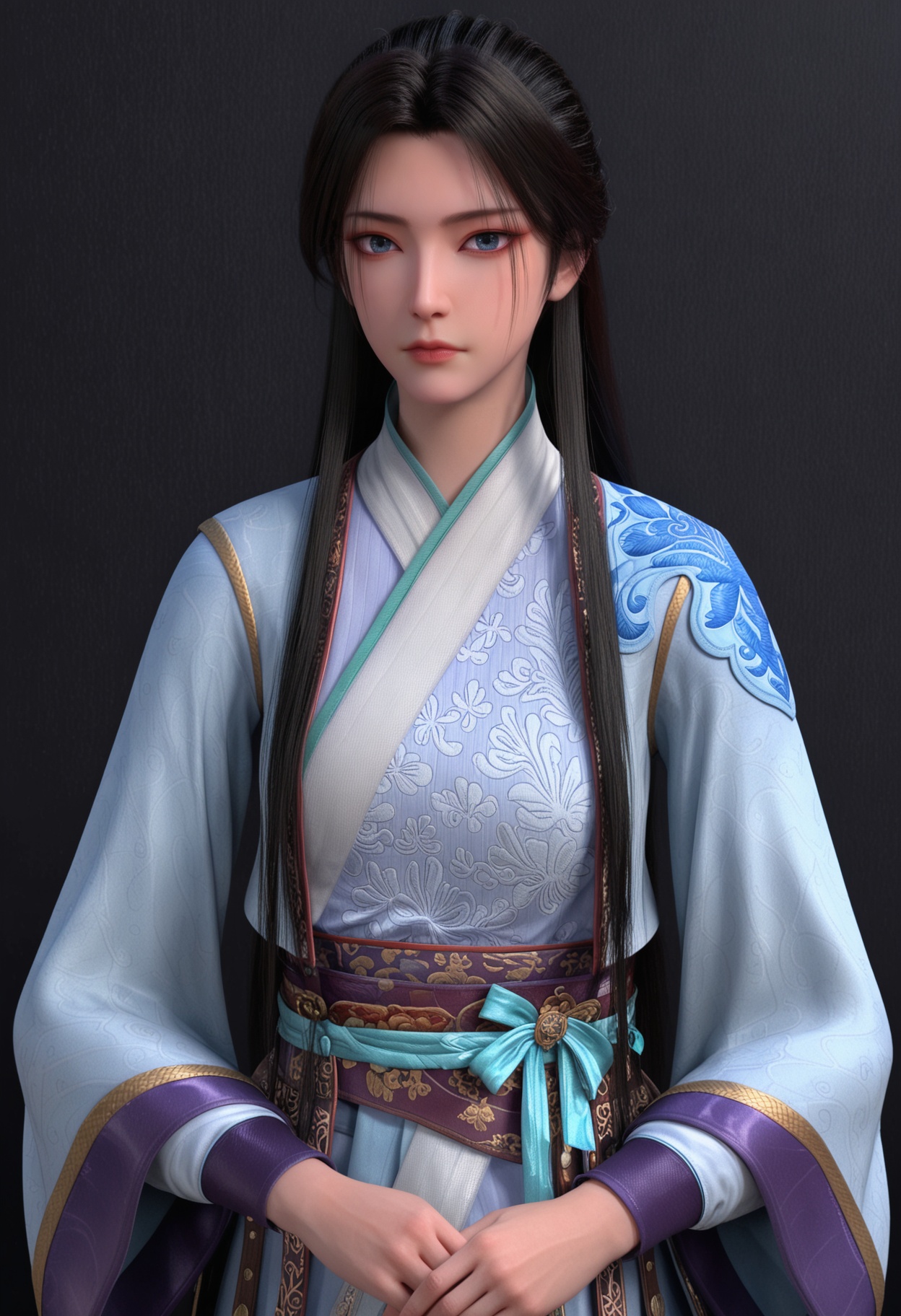score_9,looking_at_viewer,upper body,(large breasts:0.8),1girl,solo,black hair,long hair,chinese clothes,realistic,closed mouth,blue eyes,lips,hanfu,long sleeves,expressionless,dress,sash,high heels,(simple background,pure black background,black background:1.1),perfect_anatomy,<lora:QQSponyylqiangweiV1:0.8>,