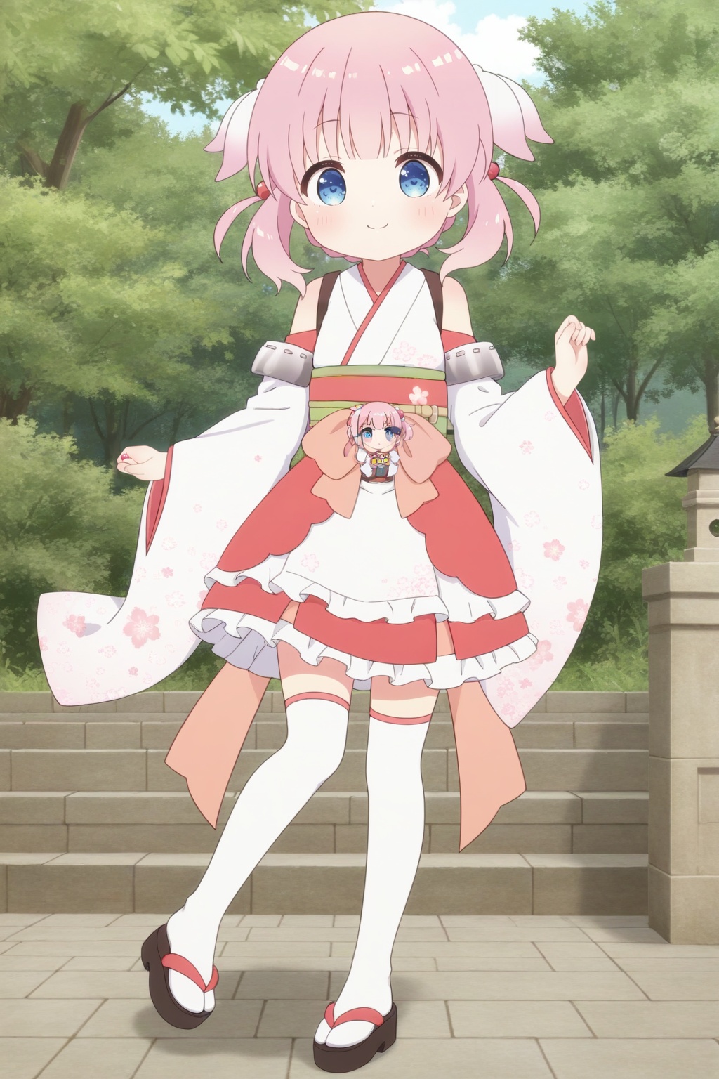 <lora:Haizakura_Ill_v10:0.8>,full body,Haizakura,little_girl,loli,kawaii,(child),blue eyes,short stature,pink hair,twintails,medium hair,hair ornament,japanese clothes,kimono,detached sleeves,bare shoulders,smile,white kimono,hair bobbles,