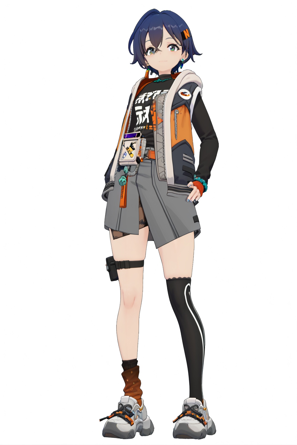 score_9, score_8_up, score_7_up, score_anime, 8k, best quality, masterpiece, (ultra-detailed), (white background:1.2), solo, hands on hip, (full body:1.1), looking at viewer, <lora:zzzstyle-pony-Tanger:0.8>,lin, lin's def clothes, zzz style, 1girl, grey skirt, blue hair, single thighhigh, socks, short hair, asymmetrical legwear,