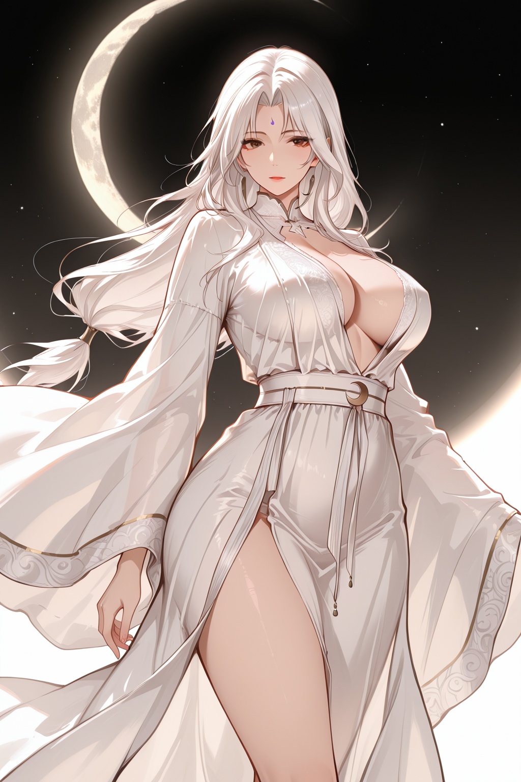 moon,breasts,wide sleeves,cleavage,bare legs,looking at viewer,dress,crescent moon,long sleeves,white dress,<lora:宁雨昔:0.8>,1girl,solo,long hair,facial mark,forehead mark,mature female,white hair,brown eyes,low-tied long hair,parted bangs,