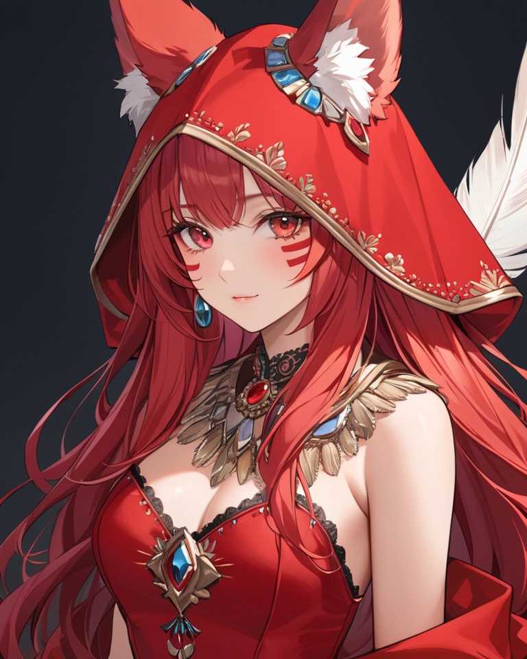 (best quality), ((masterpiece)), (highres), illustration, original, extremely detailed,<lora:SNQX:0.7>1girl, solo, red hair, animal ears, feathers, dress, hood, red dress, facial mark, long hair, looking at viewer, ears through headwear, jewelry