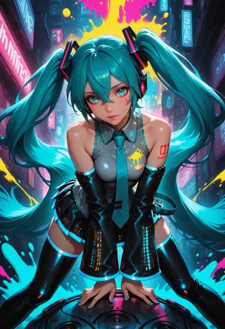 1girl, 1girl, Techwear fashion, looking at viewer, hatsune miku, aqua eyes, aqua hair, crossed bangs, hair between eyes, hair ornament, headphones, long hair, twintails, aqua necktie, black footwear, black skirt, black sleeves, boots, collared shirt, detached sleeves, grey shirt, necktie, pleated skirt, shirt, skirt, sleeveless, sleeveless shirt, thigh boots, tie clip, dynamic pose, colorful background, artistic background, splash of glowing paint, thrown paint, magical glow, futuristic, cyberpunk, urban, tactical, sleek, dark,
