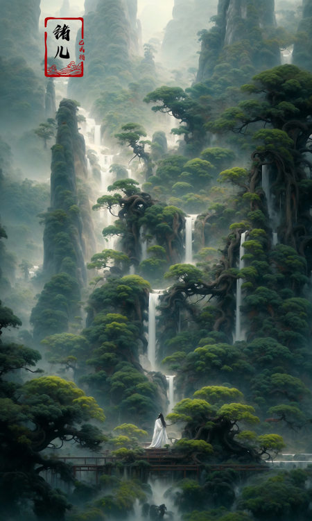 an painting in a style of oriental painting, in the style of matte painting, layered and atmospheric landscapes, rich and immersive, quiet contemplation, dark white and green, history painting, zen-inspired, grandeur of scale，highly detailed, dynamic, cinematic, stunning, realistic lighting and shading, vivid, vibrant, 8k,octane render, unreal engine, very detailed, concept art, realistic, Cry engine, wide shot，1 girl，very long hair，white hair，(upper body:1.0)，<lora:绪儿-松pine:0.9>