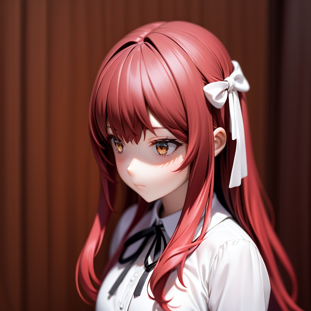 1girl, solo, long hair, red hair, shirt, white shirt, blurry, ribbon, neck ribbon, closed mouth, brown eyes, upper body, looking to the side, black ribbon