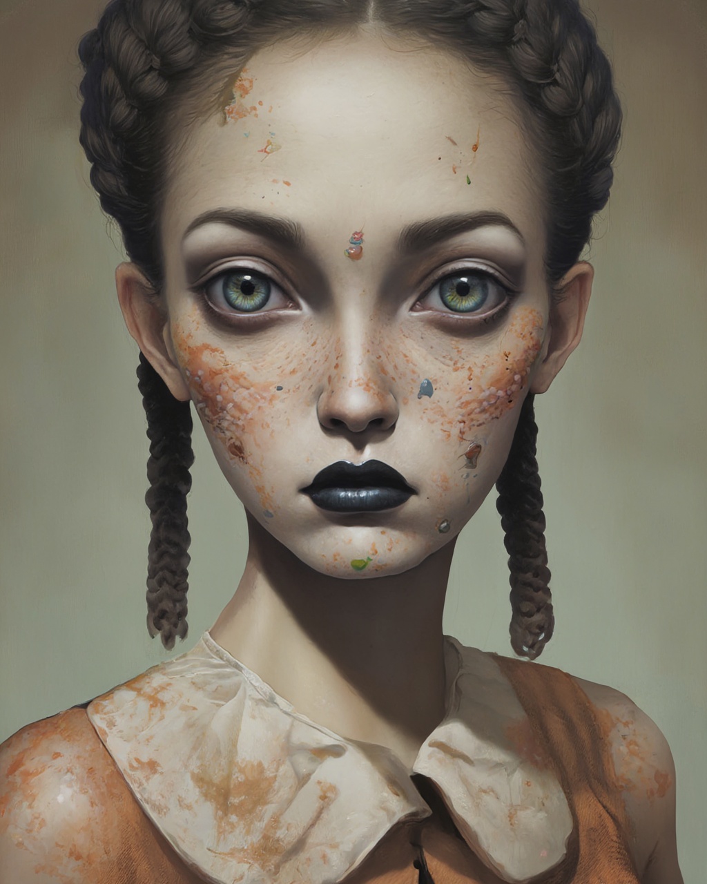 A woman with braids in her hair and black make up.,  surreal,  lowbrow art style on Tensor.Art
