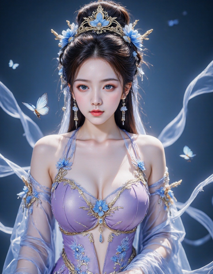 This is a highly detailed digital illustration of a young woman with an ethereal, otherworldly appearance. She has fair skin, large, almond-shaped eyes with subtle makeup, and full, pink lips. Her long, dark hair is styled in an intricate updo adorned with blue and gold floral hair accessories, including a delicate crown. She wears an elaborate, form-fitting dress in shades of lavender and blue with intricate gold embroidery. The dress features a plunging neckline that accentuates her ample breasts, and it is adorned with floral motifs and gemstones. The background is a deep, gradient blue, enhancing the ethereal atmosphere. Soft, wispy blue and white ribbons swirl around her, adding to the mystical feel. A small, blue butterfly flutters near her left shoulder, and more butterflies are visible in the background, adding to the whimsical and magical ambiance. The woman’s expression is serene and slightly melancholic, with a slight tilt of her head, adding to her enigmatic presence. The overall style is a blend of fantasy and traditional East Asian aesthetics, with a high level of detail and realism in the clothing and accessories.