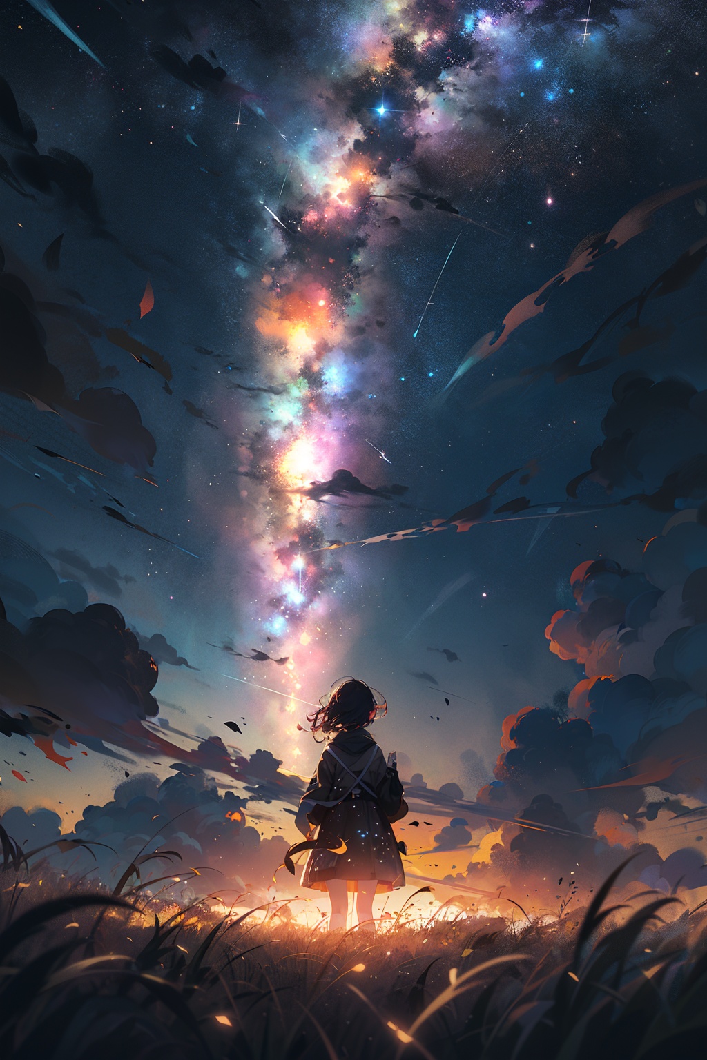 masterpiece,best quality,from behind,your name,1girl,solo,far away,silhouette,grass,nature,open field,landscape,night,shooting star,starry sky,