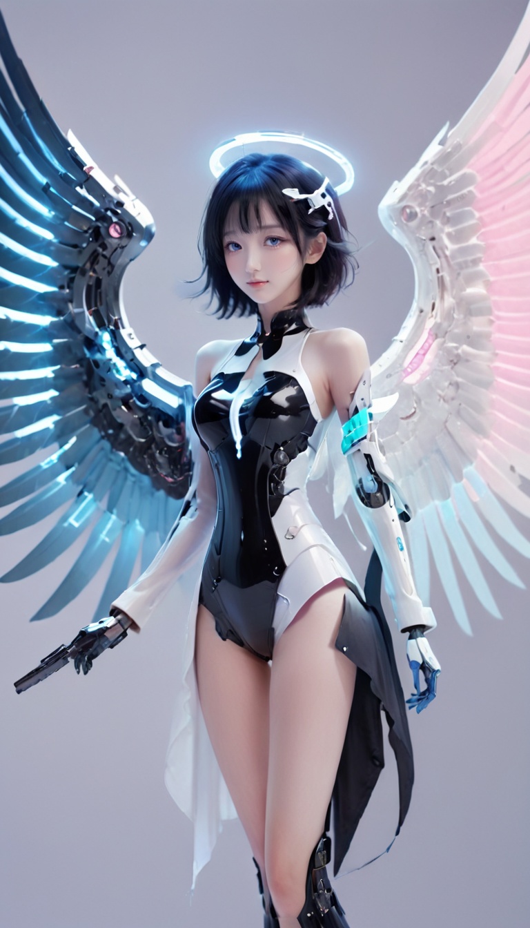 <lora:xl-shanbailing-0112yin_yang:0.8>,left and right different colors,(1girl:1.2),wings,(solo:1.2),left blue right pink,color patches,contrast,with a futuristic wing,1girl,solo,mechanical wings,breasts,black hair,wings,hat,long hair,bodysuit,science fiction,eyeshadow,smile,single mechanical arm,gloves,white headwear,two-tone hair,gradient,crossed arms,bangs,gradient background,beret,grey hair,asymmetrical clothes,mecha musume,cowboy shot,