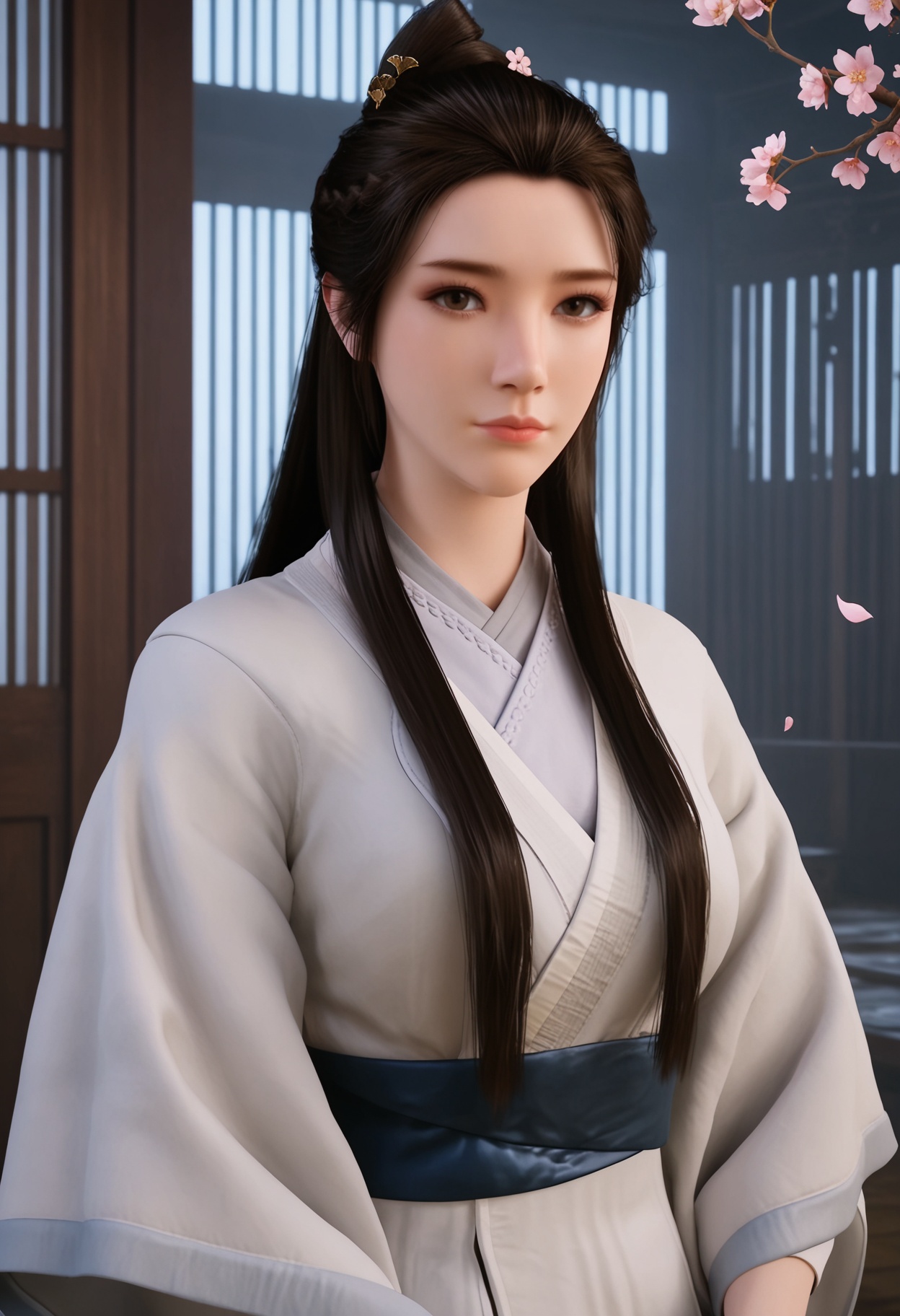 (upper_body:1.2),(looking at viewer:1.1),masterpiece,(best quality),smog,Dark room,dim lighting,peach blossom,falling petals,<lora:YQ_Illustrious光辉v5_辛如音_V1:0.8>,q1528437228,1girl,solo,long hair,chinese clothes,hanfu,white dress,black hair,brown hair,hair ornament,brown eyes,sash,hair bun,hair flower,black eyes,braid,ponytail,forehead,jewelry,