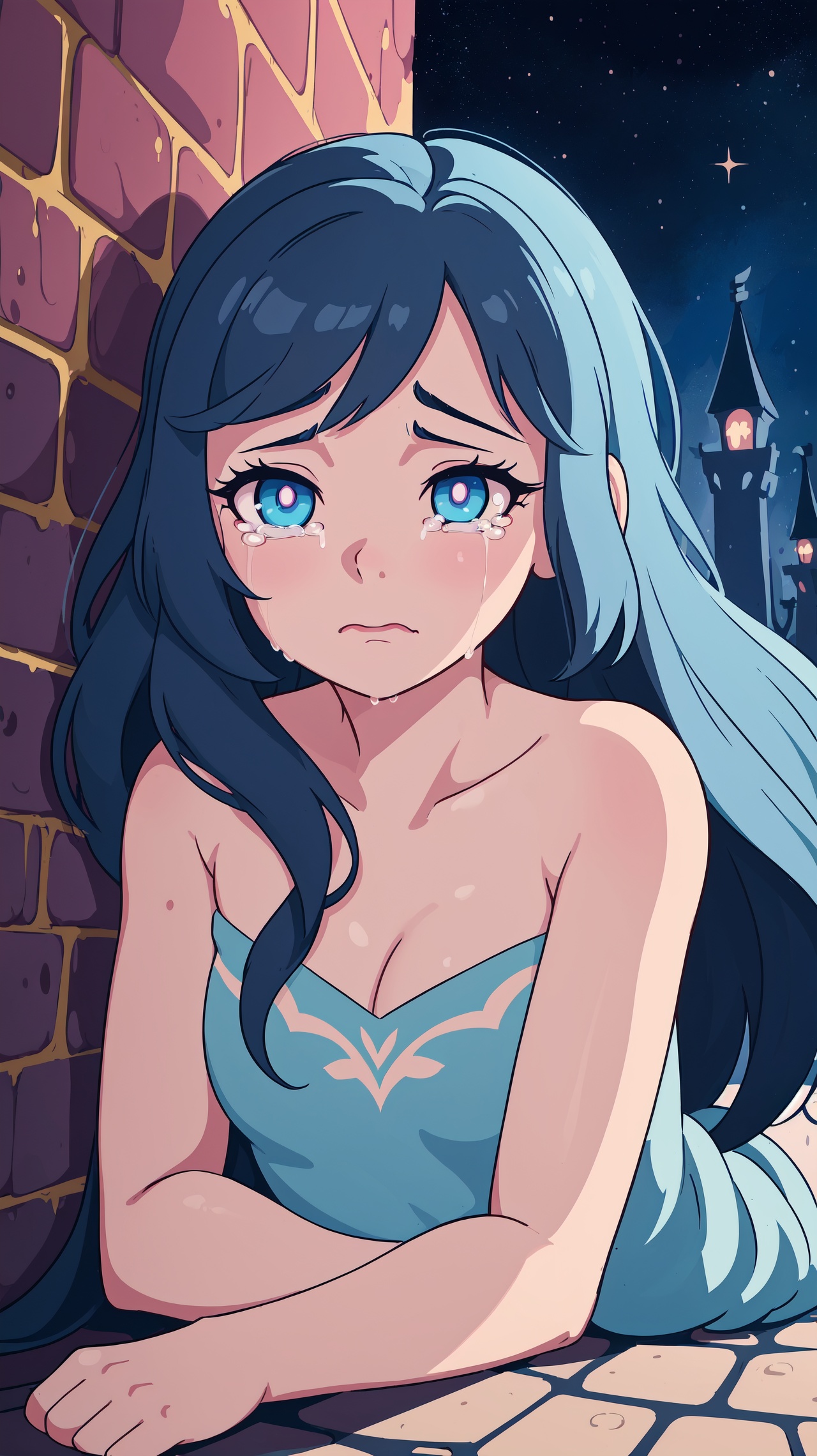 Disney style, A beautiful young woman (depressed, sad, crying:1.3) lying collapsed on the ground against a wall in a dark mysterious alleyway at night, soft outlines, perfect eyes, dark pupils, magnificent, celestial, ethereal, painterly, epic, majestic, magical, fantasy art, dreamy, unique pose, dynamic pose, cartoon style, studio ghibli style