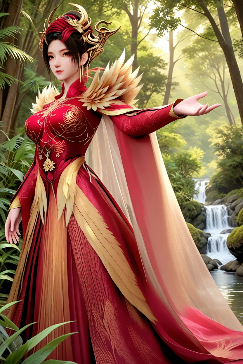 (Balancing on a rocky outcrop, she stretches her arms out wide, feeling the exhilaration of freedom:1.2),<lora:XL16神国之上神子娘娘:1.05>,1girl,red corset gown,brown eyes,black hair,red streaked hair,hair ornament,yellow feathers capelet,white cape train,wide flowing sleeves,(large breasts:1.2),bamboo forest,water,river,stone,, score_9,score_8_up,score_7_up,score_6_up,score_5_up,score_4_up,3d rendering,tag1,tag2, Cinematic Lighting,backlighting,