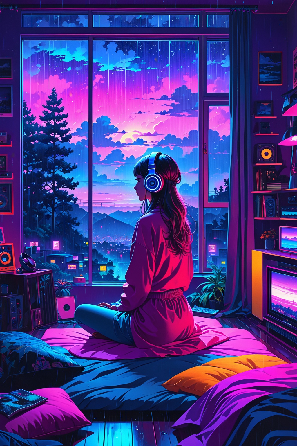 fine art, oil painting, amazing sky, . European Hippie Girl meditating in her room, dreaming, Wear headphones, night lights, Neon landscape on a rainy day, Analog Color Theme, Lo-Fi Hip Hop , retrospective, flat,  masterpiece