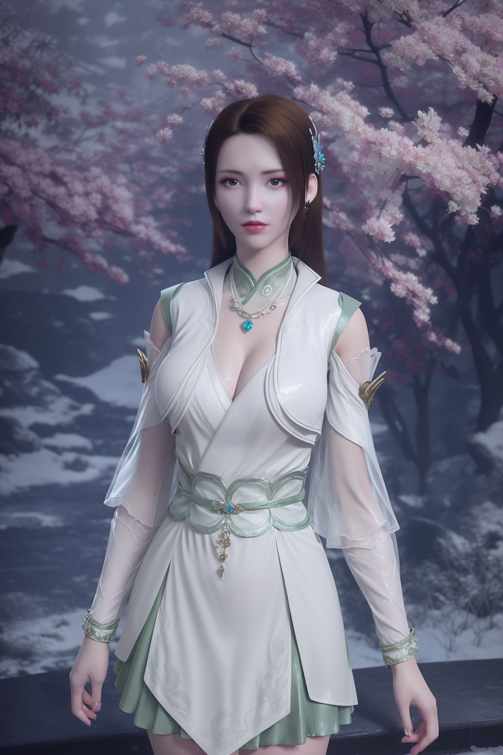 photo_\(medium\),(8k, RAW photo, best_quality),(masterpiece:1.2),(realistic:1.2),(photorealistic:1.3),(ultra-detailed),(extremely_detailed_cg_8k_wallpaper),(crystal_texture_skin:1.3),(shiny:1.2),(shiny_skin:1.4),(extremely_delicate_and_beautiful),petals,flower,sky,cherry blossoms,falling petals,shenfengNaLanYanRan,1girl,solo,dress,torogao,red lips,breasts,chinese clothes,large breasts,detached sleeves,standing,jewelry,hair ornament,earring,necklace,realistic,looking at viewer,<lora:shenfengNaLanYanRan_20240712003050-000004:0.7>,