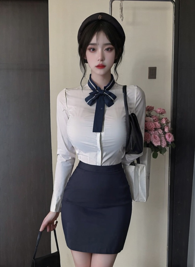 (masterpiece, best quality:1.4),finely detailed,1girl,solo,pale skin,perfect body,(gigantic breasts:1.2),standing,<lora:性感空姐制服-000008:0.8>,blue skirt,bow,hat,pencil skirt,white shirt,
