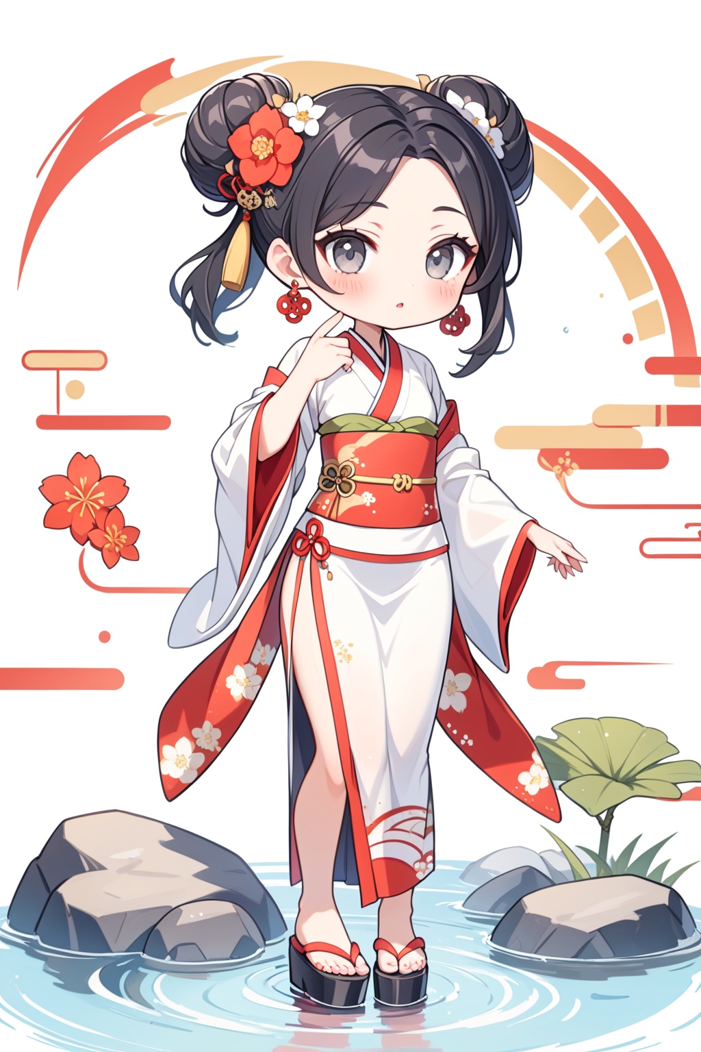 1girl,solo,double bun,black hair,flower,hair bun,long hair,sash,jewelry,earrings,long sleeves,looking at viewer,wide sleeves,white flower,parted bangs,hair ornament,parted lips,white kimono,full body,bangs,water,blush,obi,standing,egasumi,red flower,japanese clothes,rock,hair flower,hand up,zouri,pelvic curtain,white background,kimono,grey eyes,chibi,sandals,<lora:糖果森林_XL_LoRA_v1.1:1.3>,, masterpiece,best quality,very aesthetic,absurdres,
