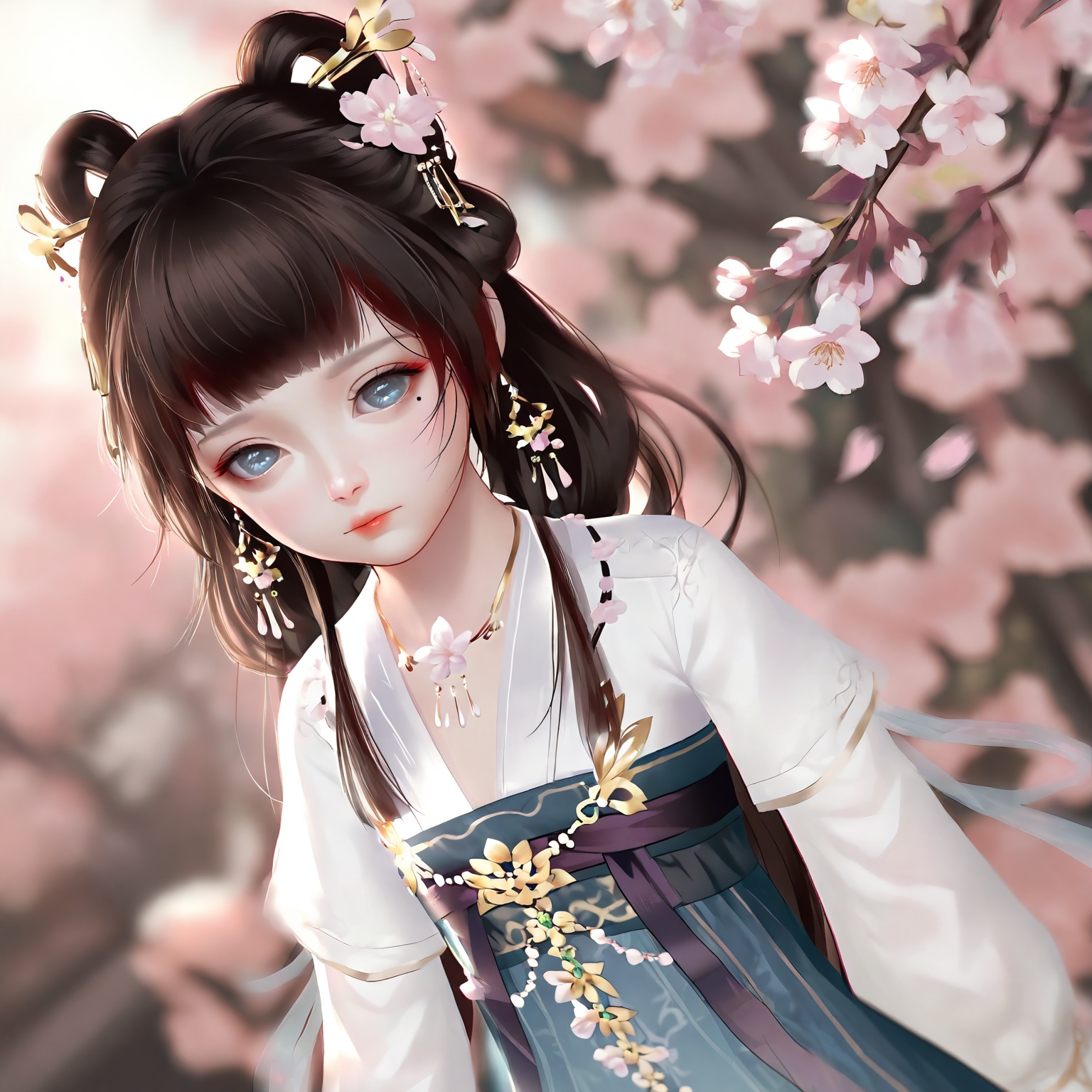 masterpiece,very aware,highres,absurdres,newest,best quality,loli,petite,high quality,chromatic_aberration,cinematic_angle,dutch angle,//,loli,1girl, hair_ornament, jewelry, upper_body, solo, flower, earrings, chinese_clothes, necklace, long_hair, branch, hair_flower, looking_at_viewer, closed_mouth, black_hair, hanfu, long_sleeves, mole_under_eye, dress, hair_bun, blue_eyes, expressionless, cherry_blossoms, brown_hair, mole, hair_rings, blunt_bangs, blue_dress//,official art,depth of field,detailed light,blurry background,best shadow,shiny skin,cinematic lighting,ray tracing,amazing quality,very aesthetic,absurdres,beast quality,ultra detailed,newest,8K,HDR,//,<lora:touxiang22——【noob】hans:1>,
