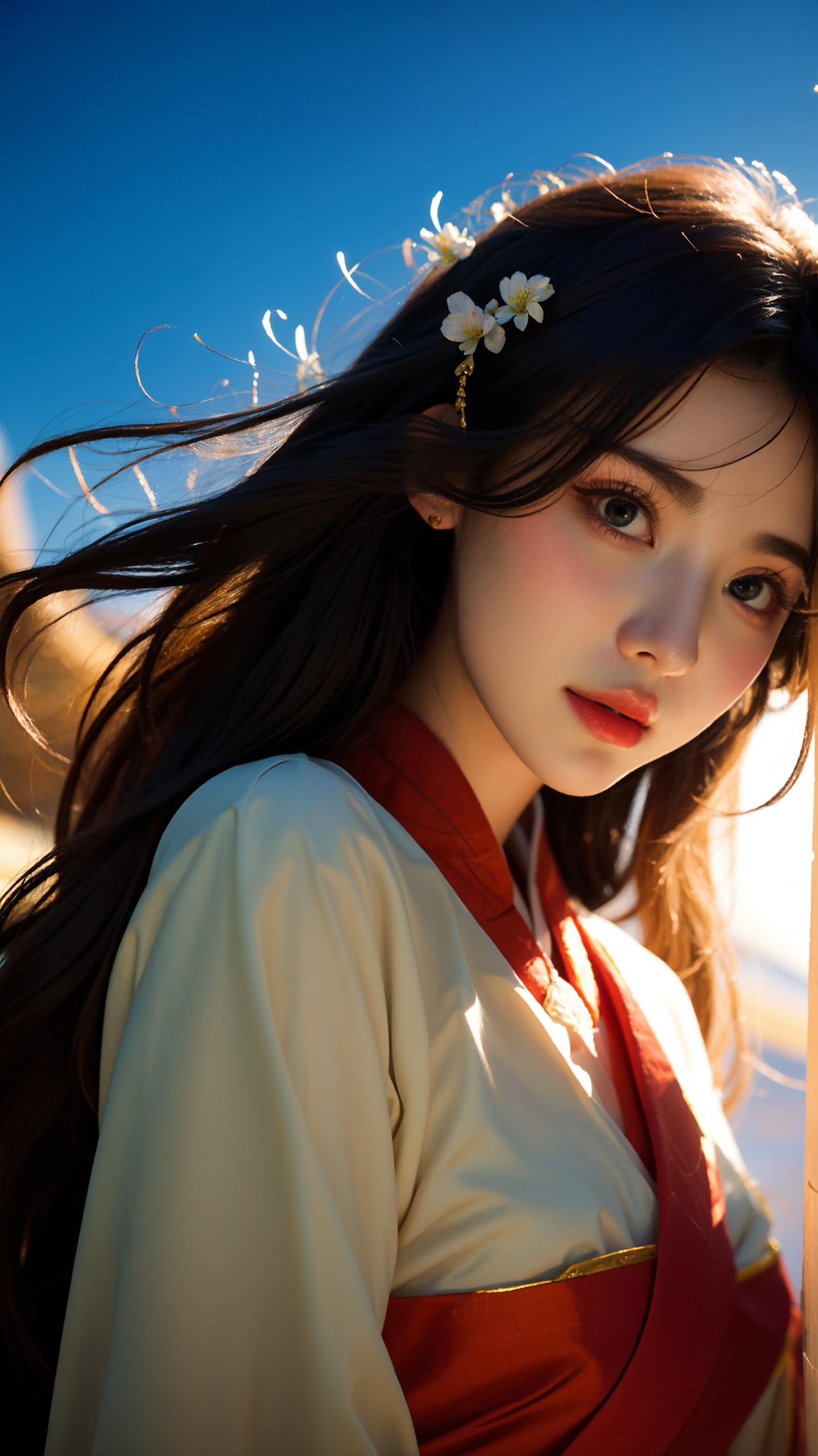 masterpiece, best quality, super wide angle, best fingers, facing viewer, full frontal, magnificent, celestial, ethereal, painterly, epic, majestic, magical, fantasy art, cover art, dreamy, elegant, cinematic, background illuminated, rich deep colors, ambient dramatic atmosphere, creative, perfect, beautiful composition, intricate, detailed1girl, hanfu, 