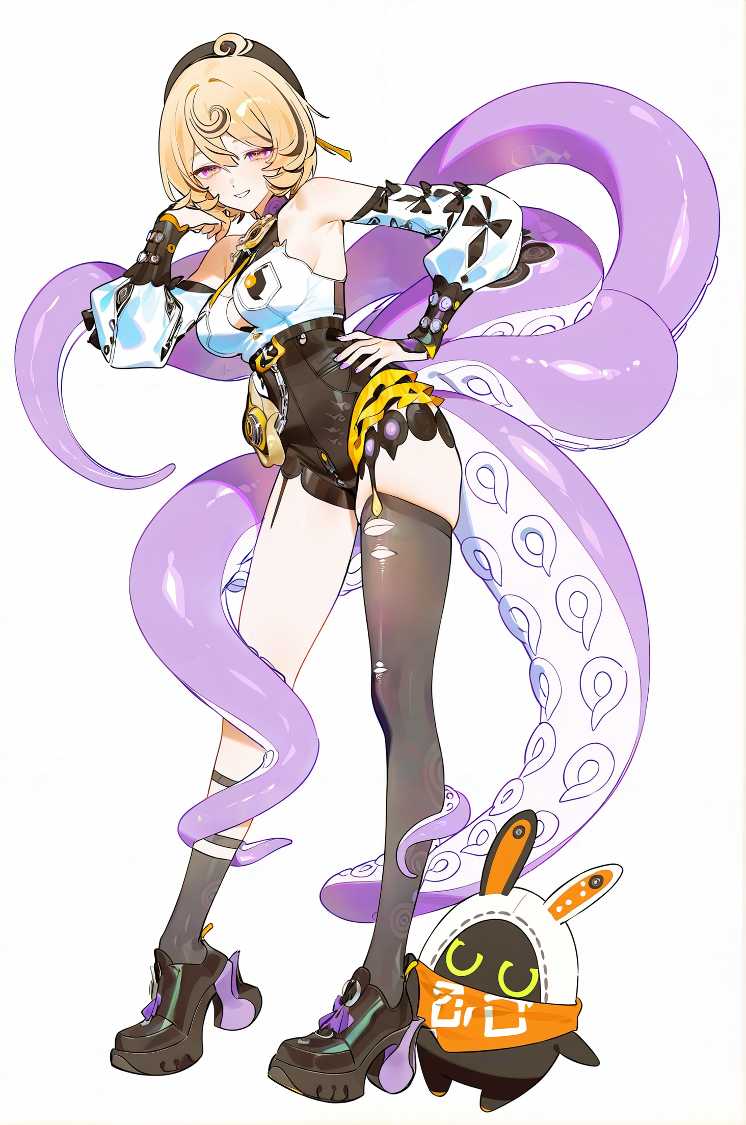 best quality,masterpiece,(ultra-detailed),(high detailed skin),(bm tol:1.3),(ask \(askzy\):1.1),applepie \(12711019\),mr. j.w,full body,full shot,standing,looking at viewer simple background,(white background:1.2),hand on own hip,(white background:1.1),<lora:Yidhari-will-Tanger:0.9>,Yidhari Murphy \(Zenless Zone Zero\),clothes: Yidharidef corset,Yidharidef Tentacle-like tail,Yidharidef single black garter,Yidharidef detached sleeves,Yidharidef Beret,1girl,breasts,blonde hair,black headwear,torn single thighhigh,short hair,black footwear,high heels,ahoge,tentacles,garter straps,bangs,