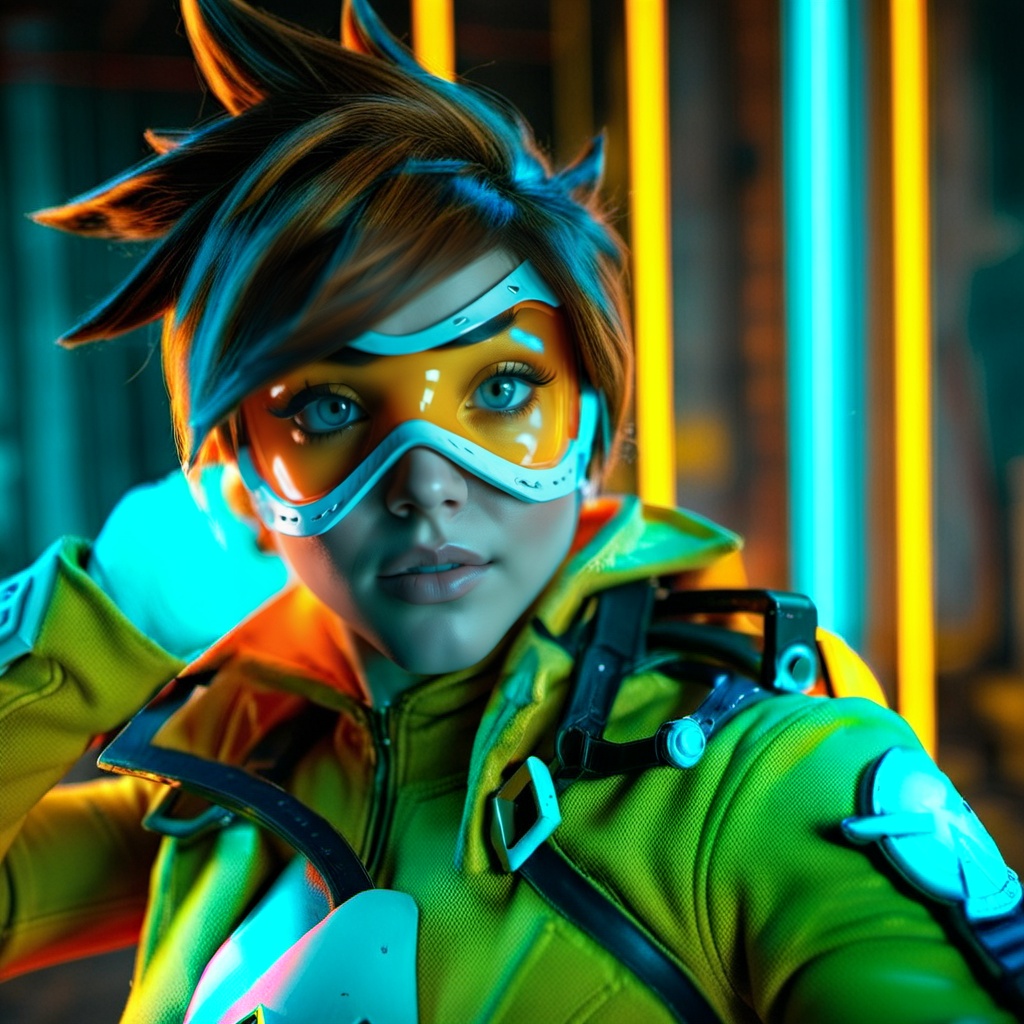 cinematic photo a woman with an orange glassmask holding guns in a futuristic cyberpunk background,  neon lights . 35mm ph...
