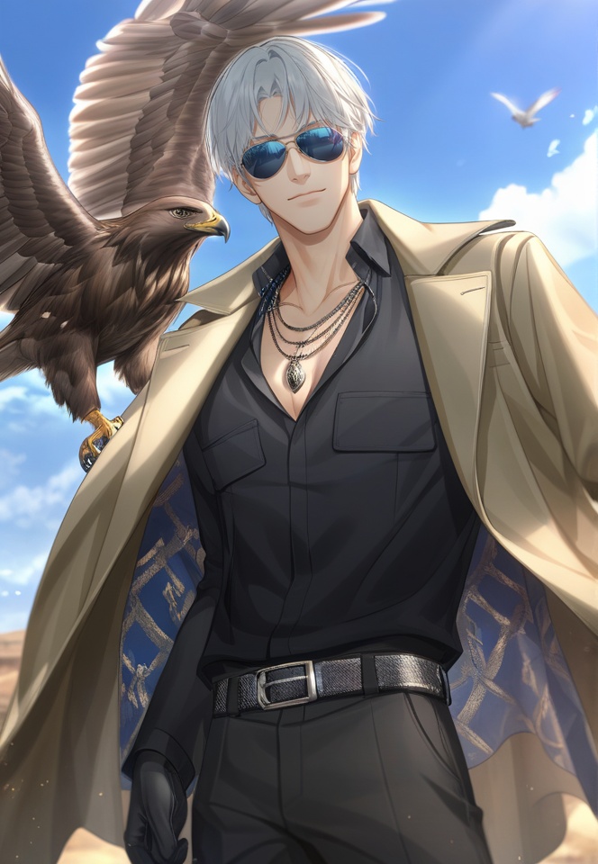 (best quality), ((masterpiece)), (highres), illustration, original, extremely detailed,   <lora:光与夜之恋同人人物篇:0.7>cls, 1boy, male focus, black shirt, bird, short hair, sunglasses, shirt, gloves, white hair, pants, belt, jacket, solo, outdoors, holding, black gloves, closed mouth, sky, cowboy shot, day, animal, black pants, standing, looking at viewer, necklace, eagle