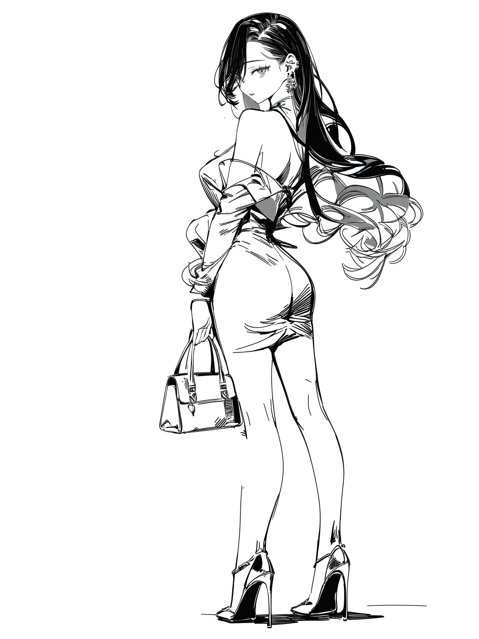 Best quality,masterpiece,official art,lineart,sketch,<lora:line2025 08:1>,lineart,monochrome,greyscale,solo,simple background,white background,illustration,monochromatic art style,strong contrasts and delicate shading,dynamic lines,fine details,1girl,greyscale,monochrome,solo,long hair,high heels,jewelry,earrings,simple background,looking at viewer,white background,short dress,full body,ass,bag,standing,breasts,from side,looking back,